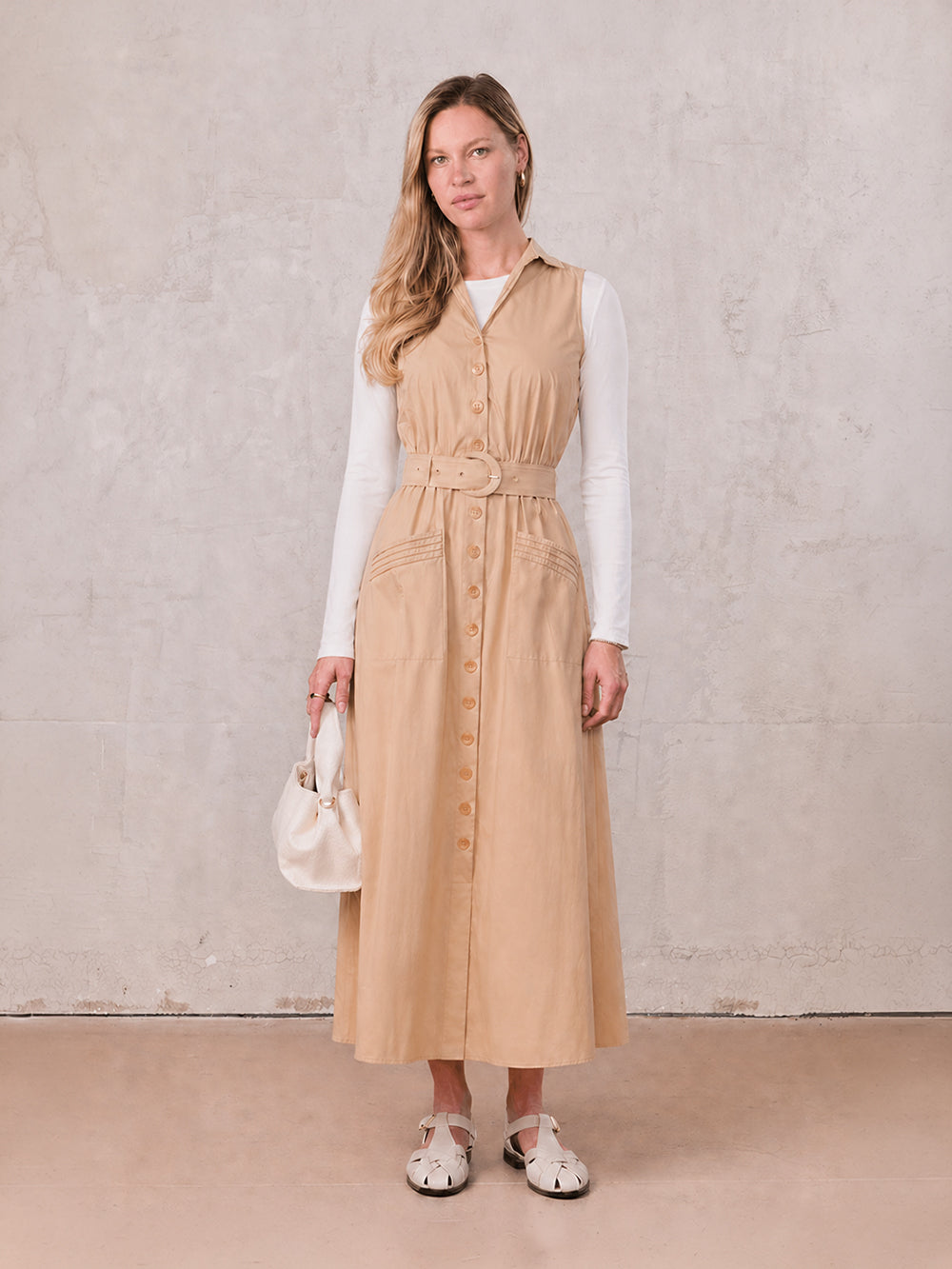 Button Down Belted Jumper-Sand