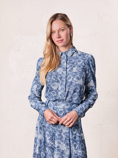 Button Down Bow Blouse-Soft Blue Floral