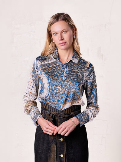 Button Down Collared Blouse-Teal Faux Satin