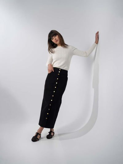 Button Down Denim Skirt-Black