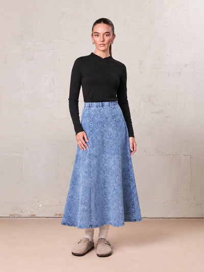 Paneled Flare Skirt 35"-Light Blue Wash