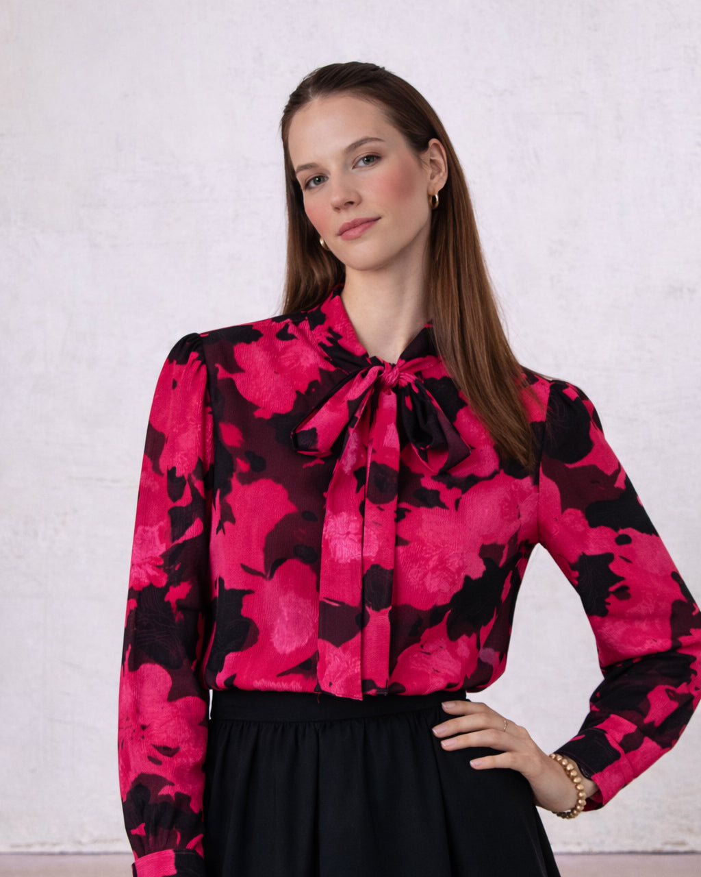 Bow Blouse-Black/Hot Pink