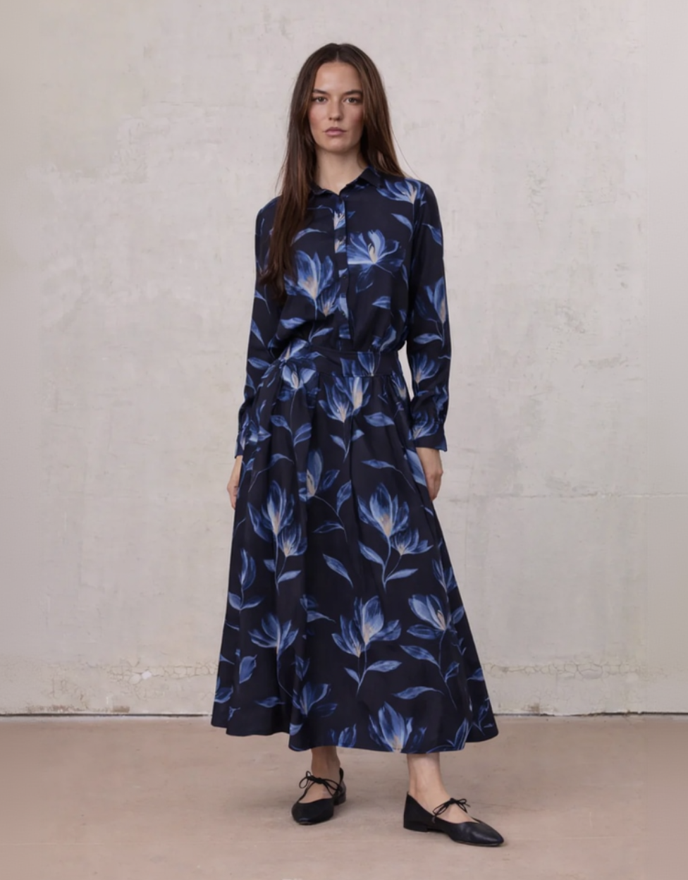 Button Down Collared Blouse-Blue Floral