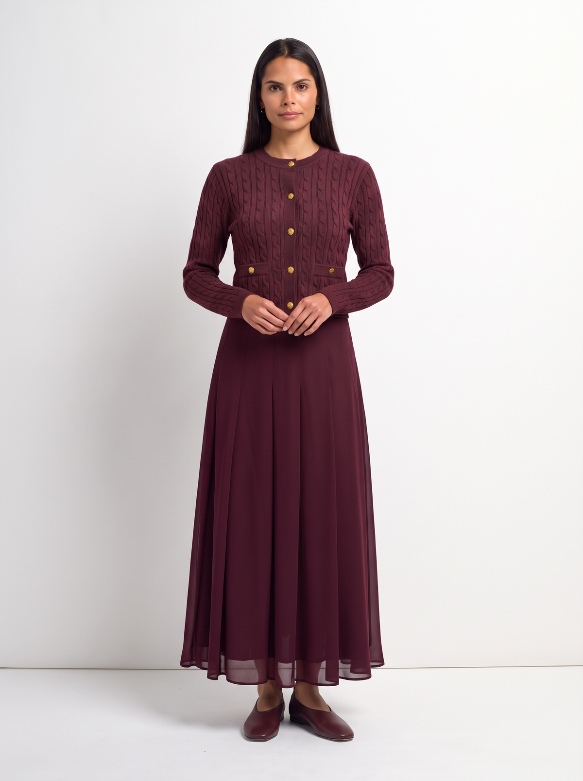Chiffon Stitched Down Pleated Skirt - Burgundy