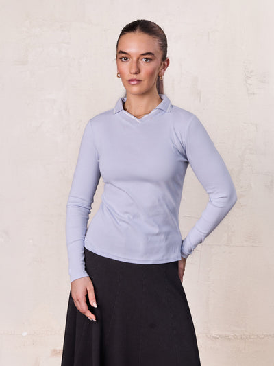 Collared High V T-Shirt-Light Blue