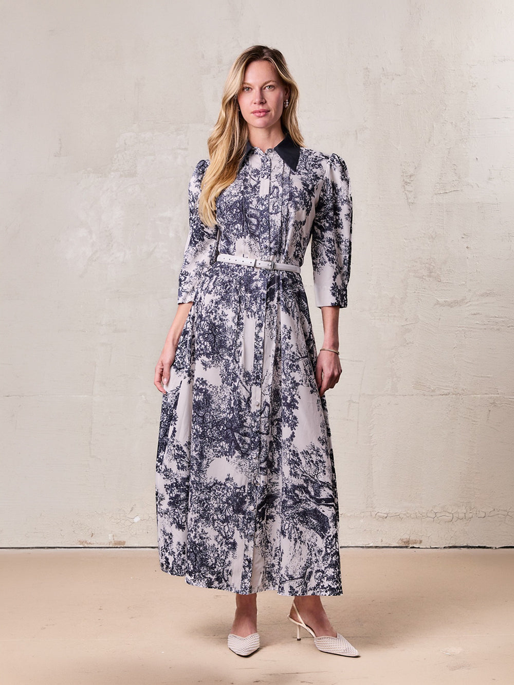 Collared Ruched Back Shirtdress-Navy Toille