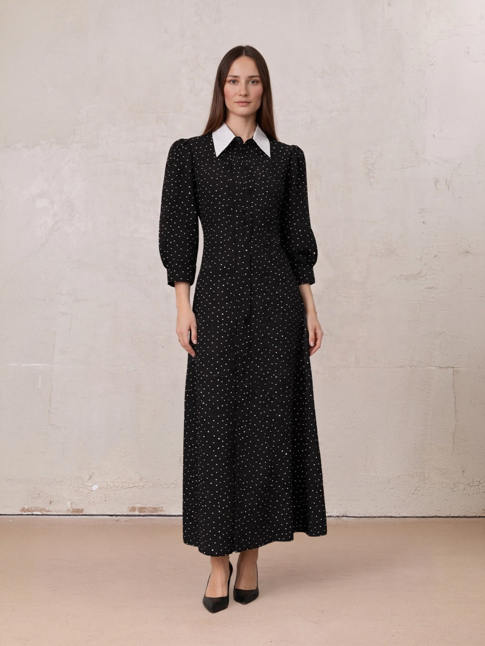 Collared Ruched Back Shirtdress-Polka Dot