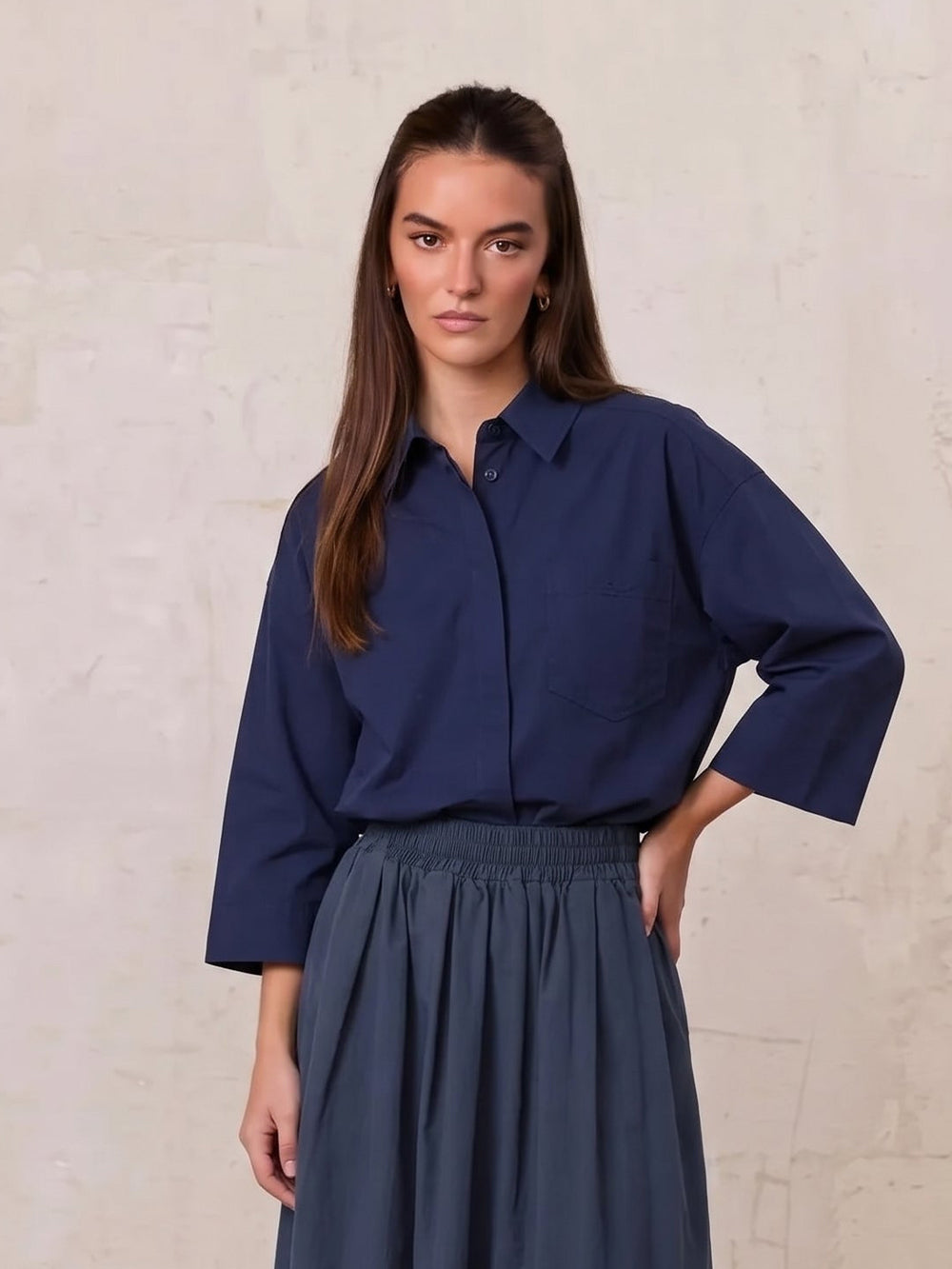 Cotton Crop Blouse-Navy