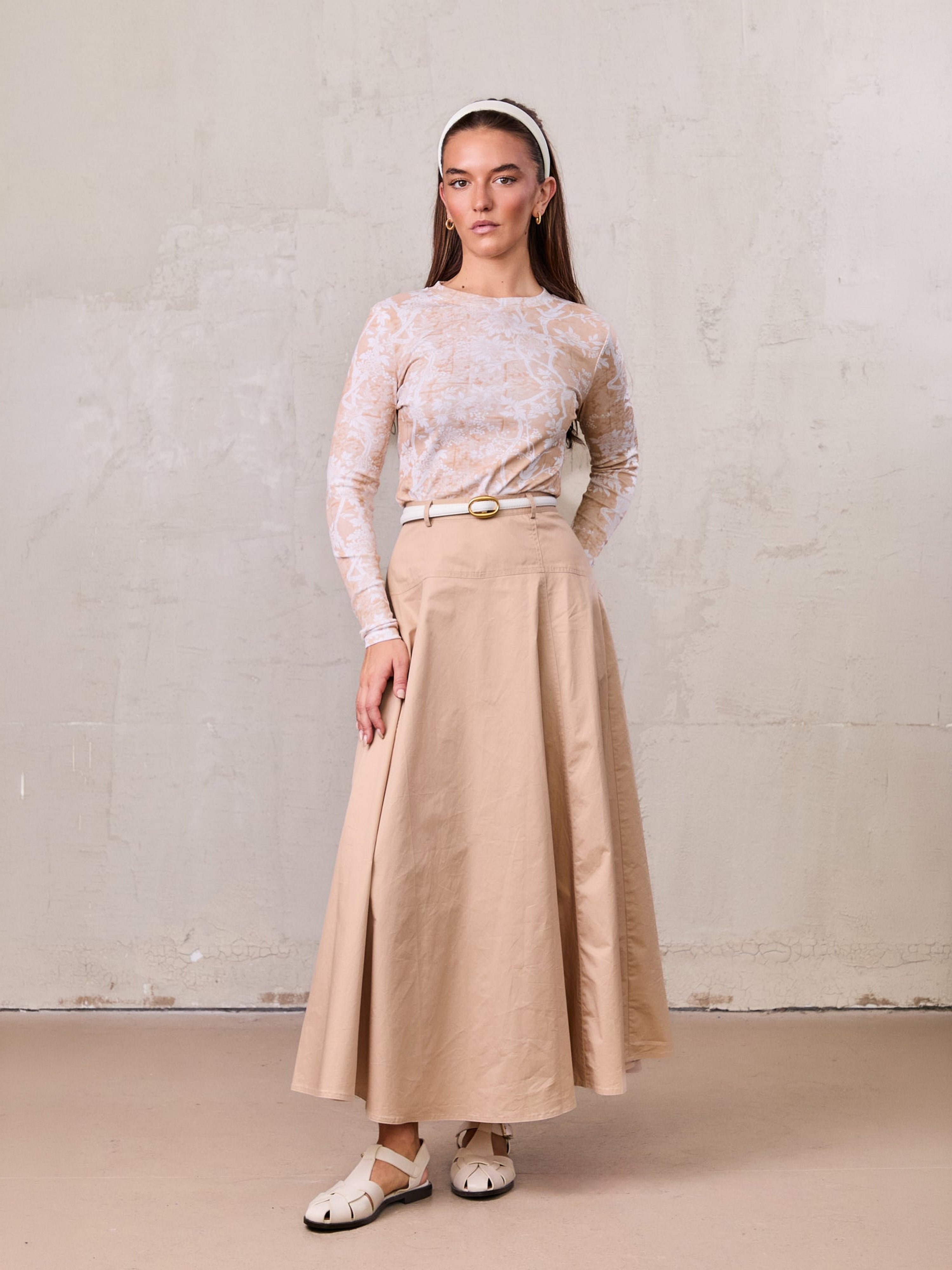 Cotton Yoke Circle Skirt-Tan