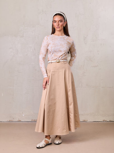 Cotton Yoke Circle Skirt-Tan