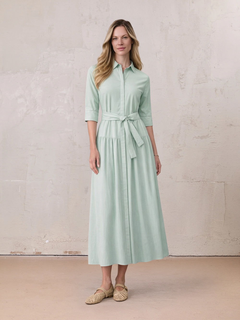 Cotton Yoke Gathered Dress-Mint