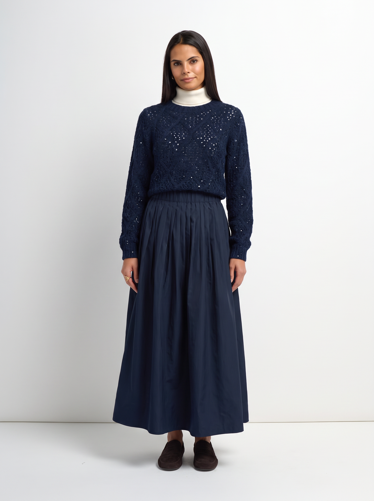 Elastic Waist Taffeta Skirt - Navy