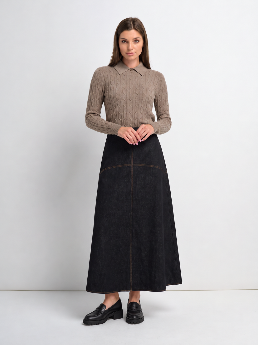 Curved Yoke Aline Denim Skirt - Black