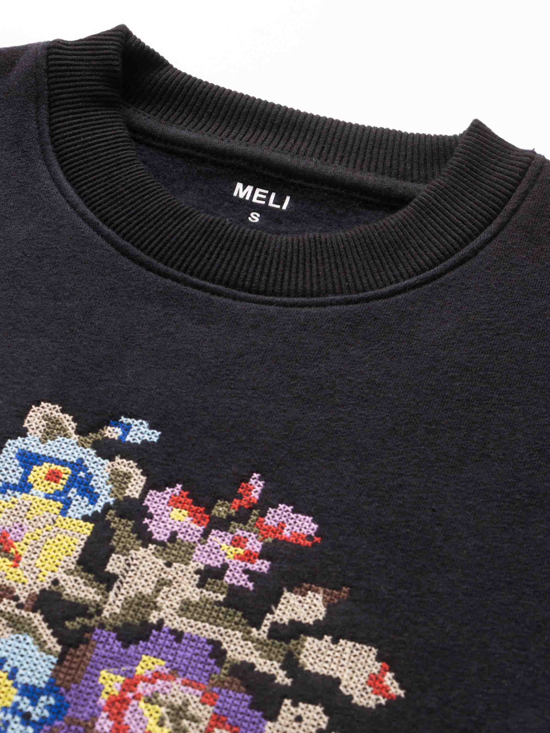 Cross Stitch Floral Sweatshirt-Black