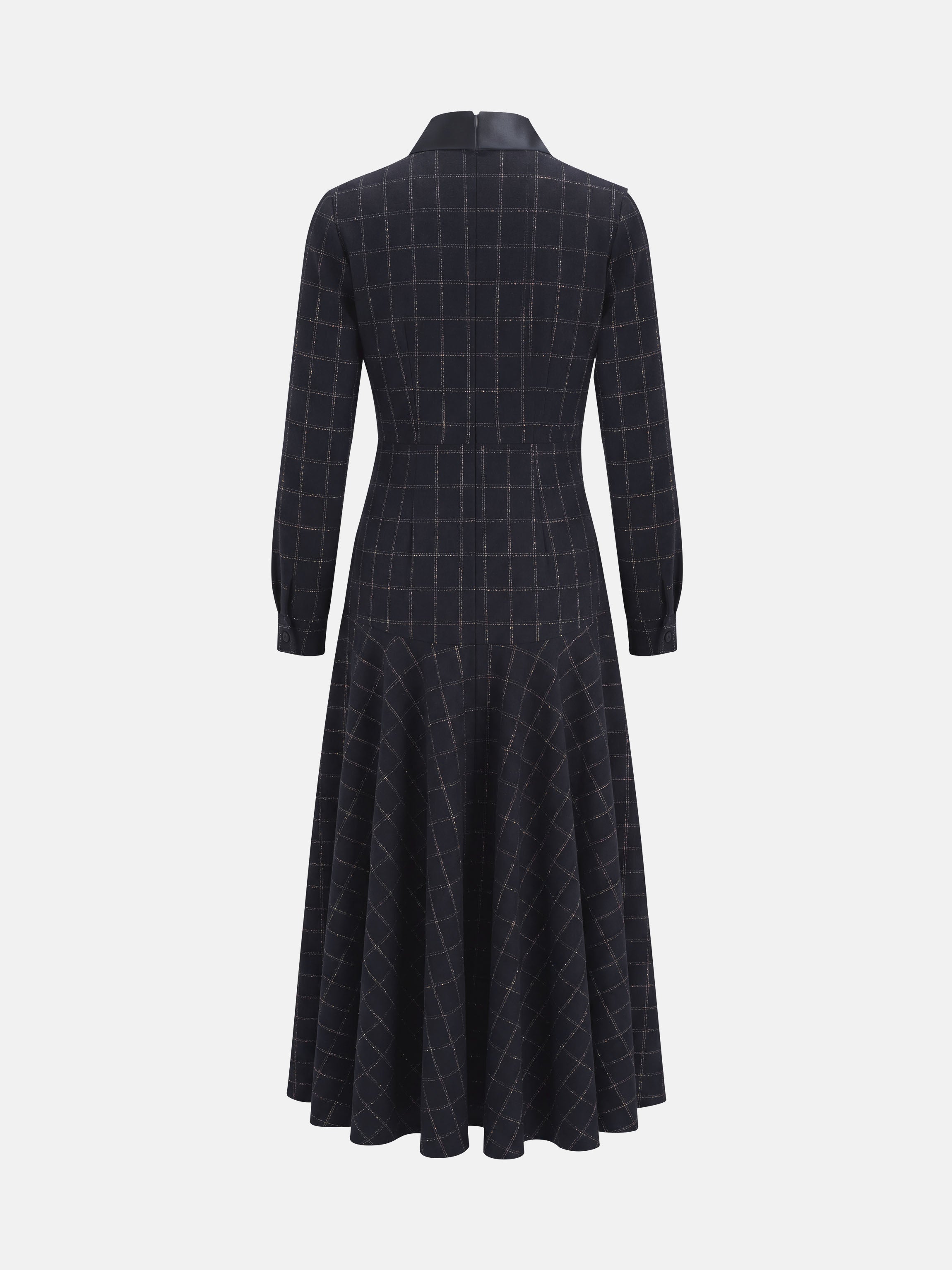 Satin Tie Yoke Dress - Navy Plaid