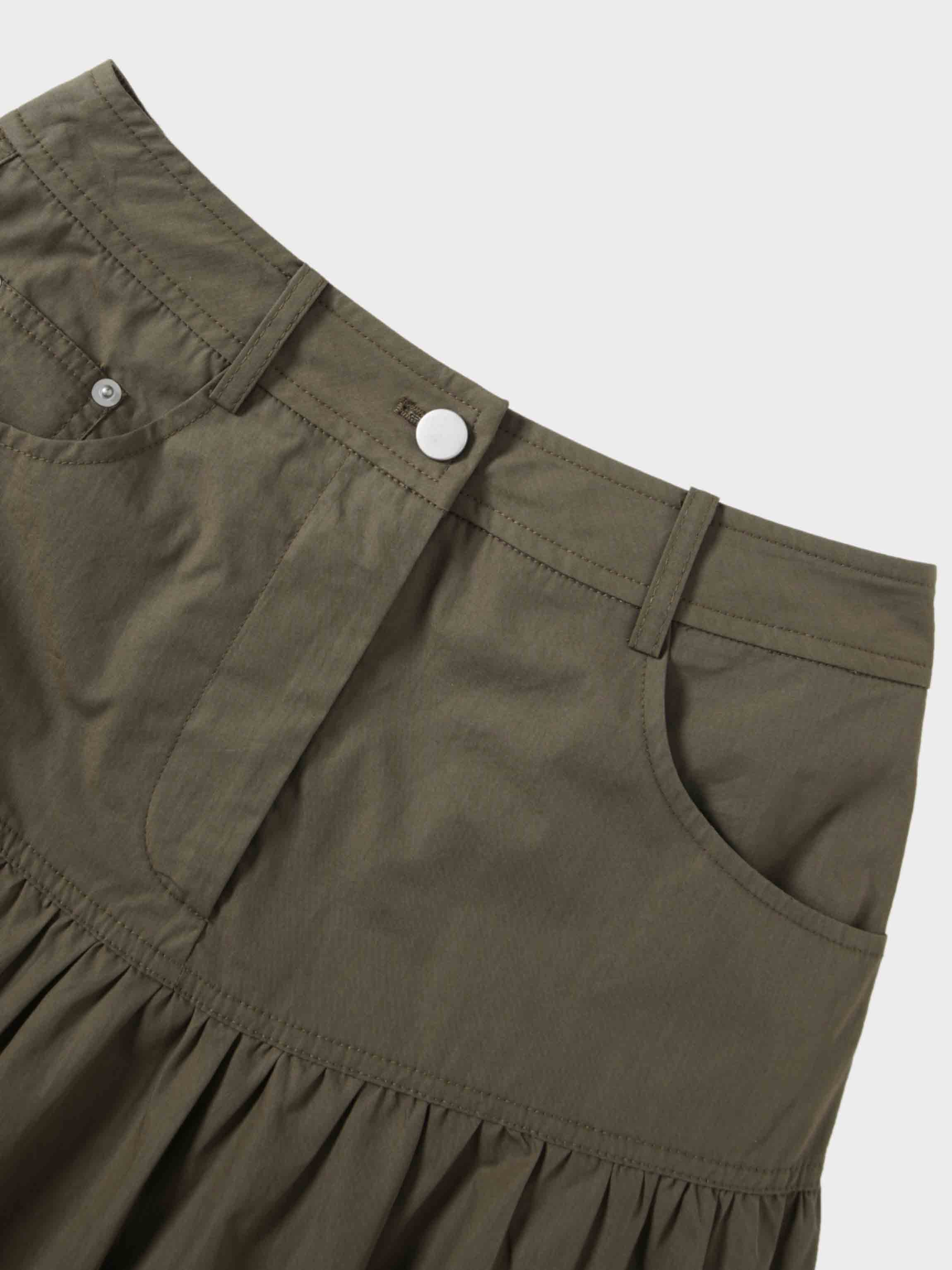 Gathered Drop Waist Yoke Skirt-Olive