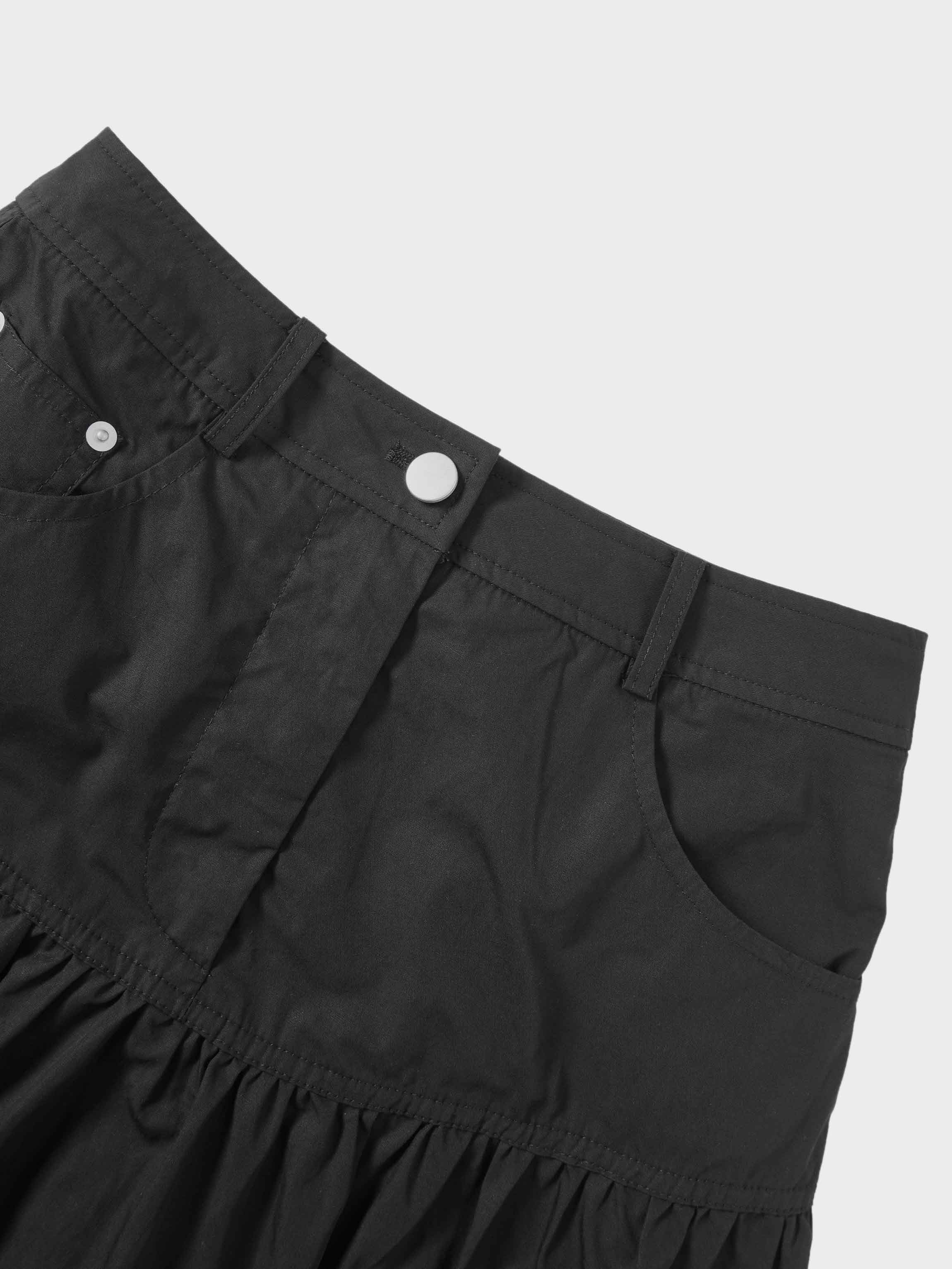 Gathered Drop Waist Yoke Skirt-Black