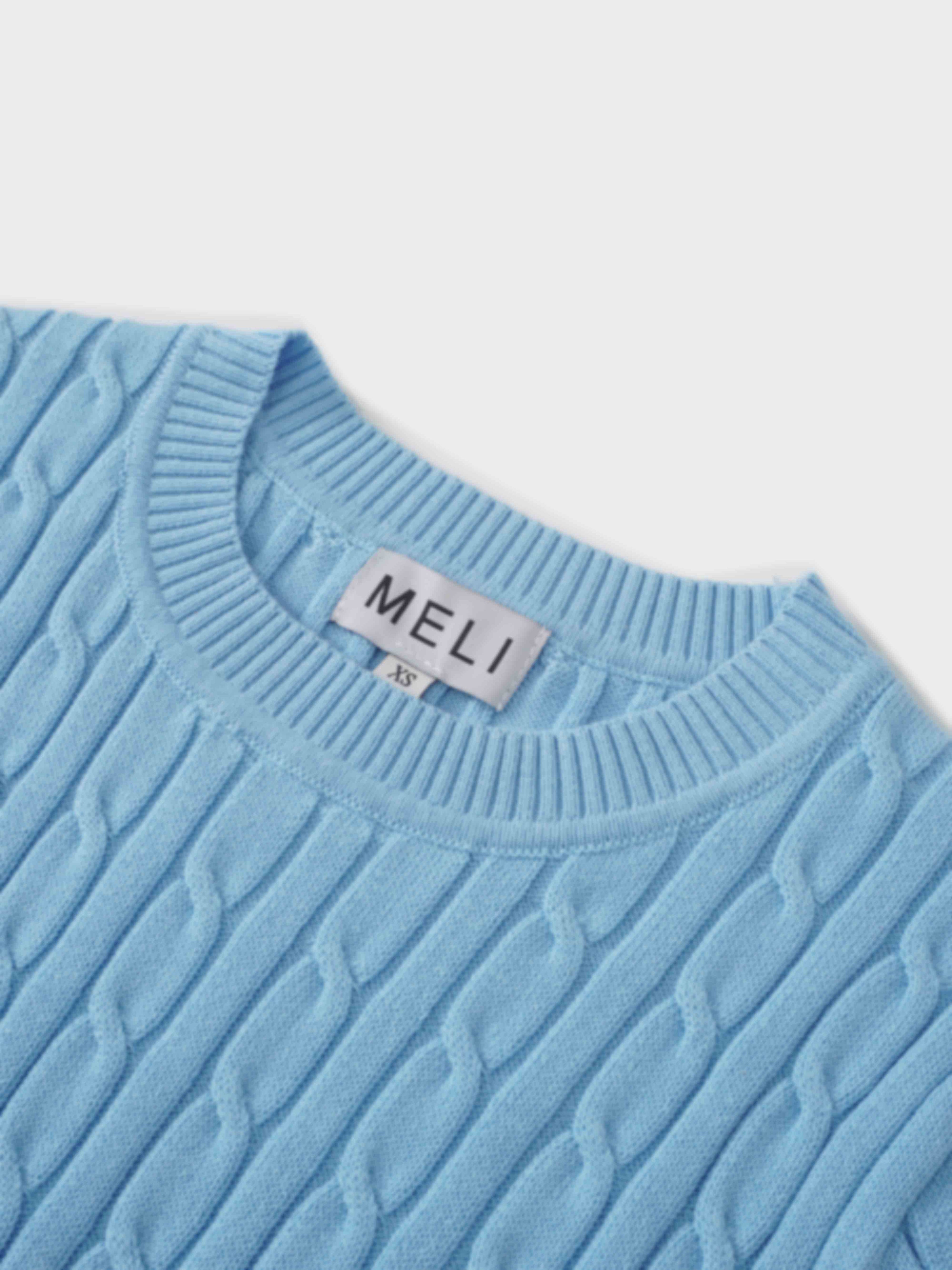 Crew Neck Cable Sweater-Light Blue