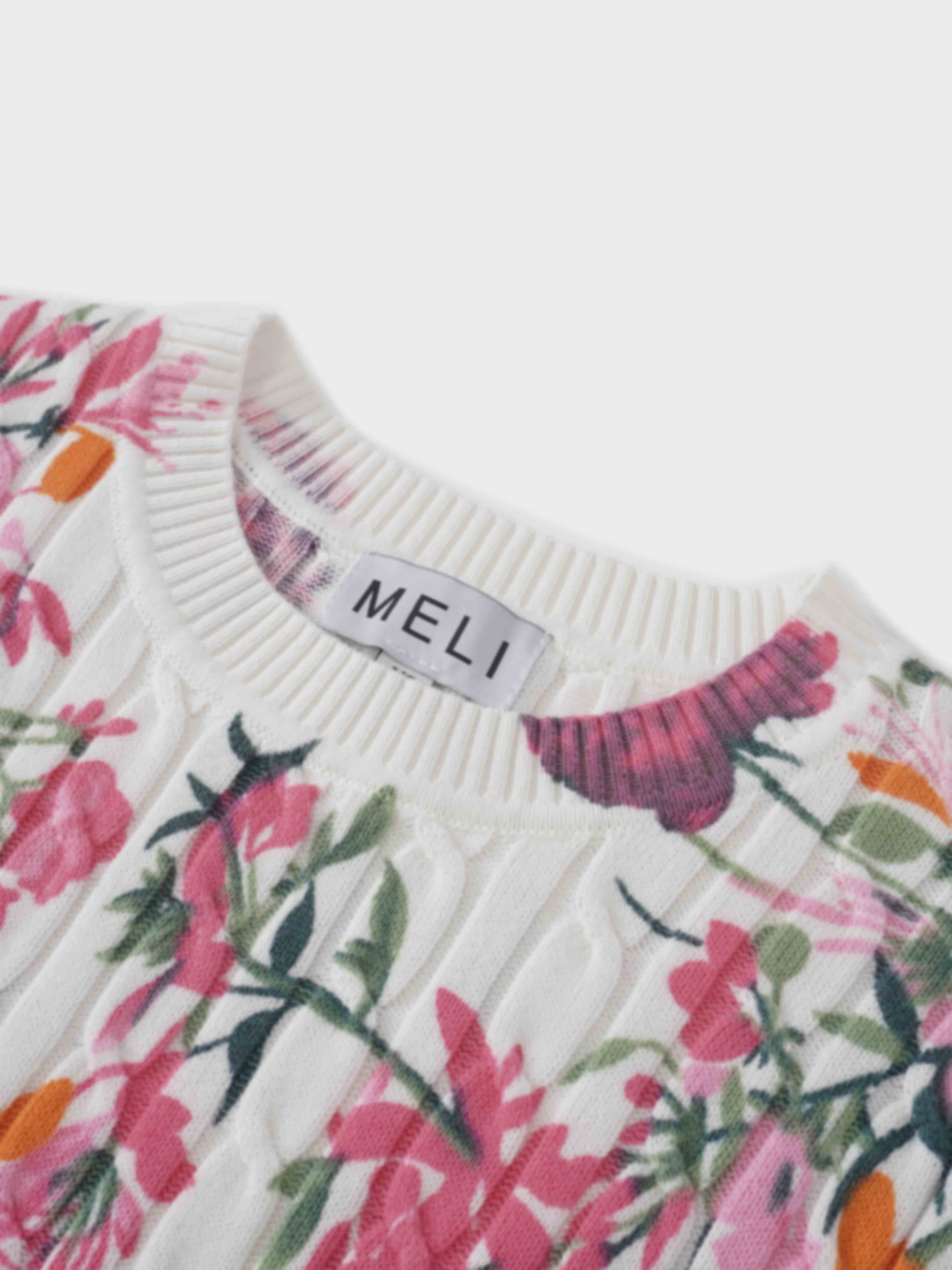 Printed Cable Sweater-Pink Floral