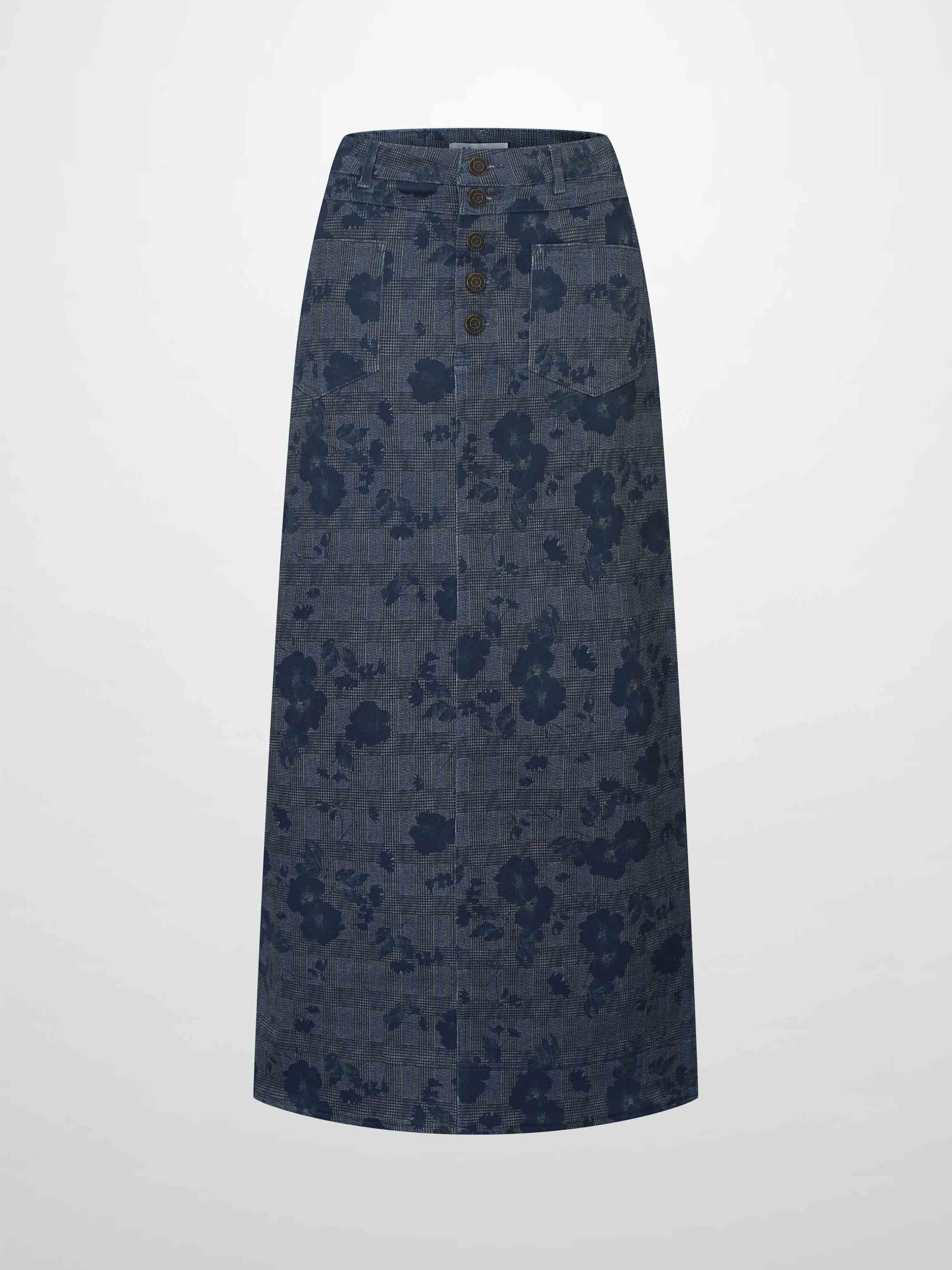 Straight Maxi Denim Skirt-Plaid Blue Floral