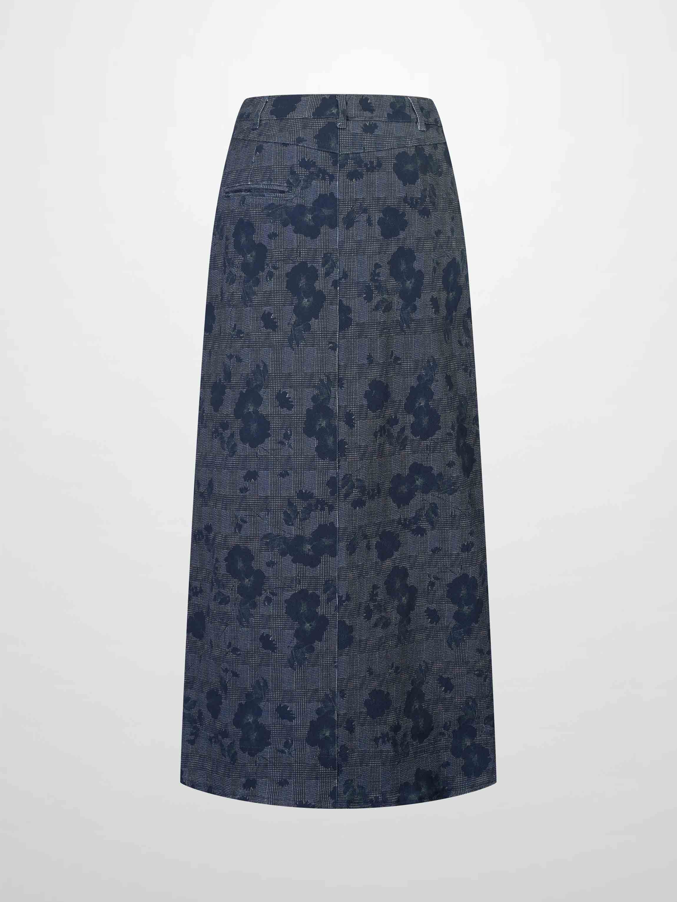Straight Maxi Denim Skirt-Plaid Blue Floral