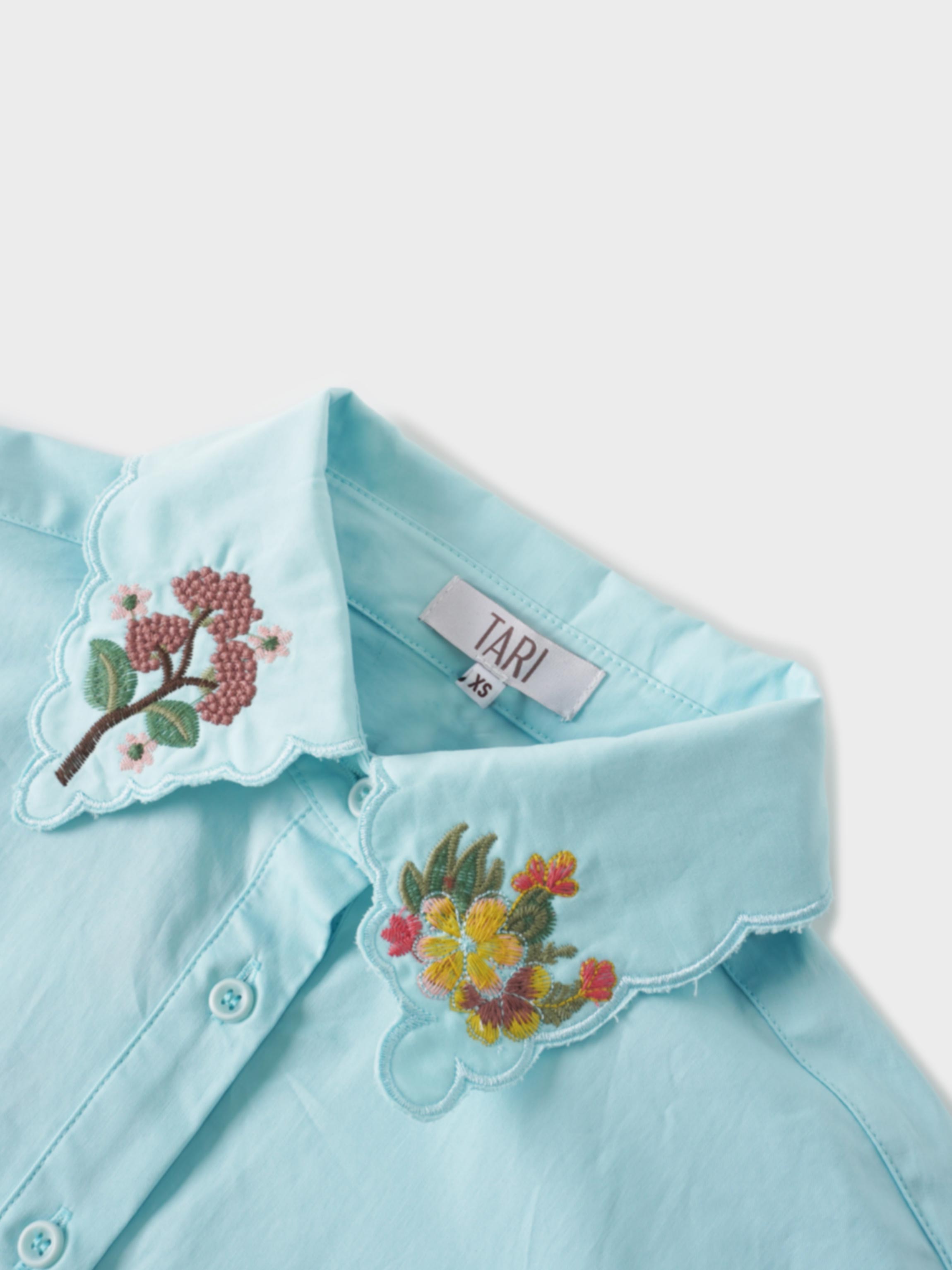 Embroidered Collar Button Down Blouse-Mint