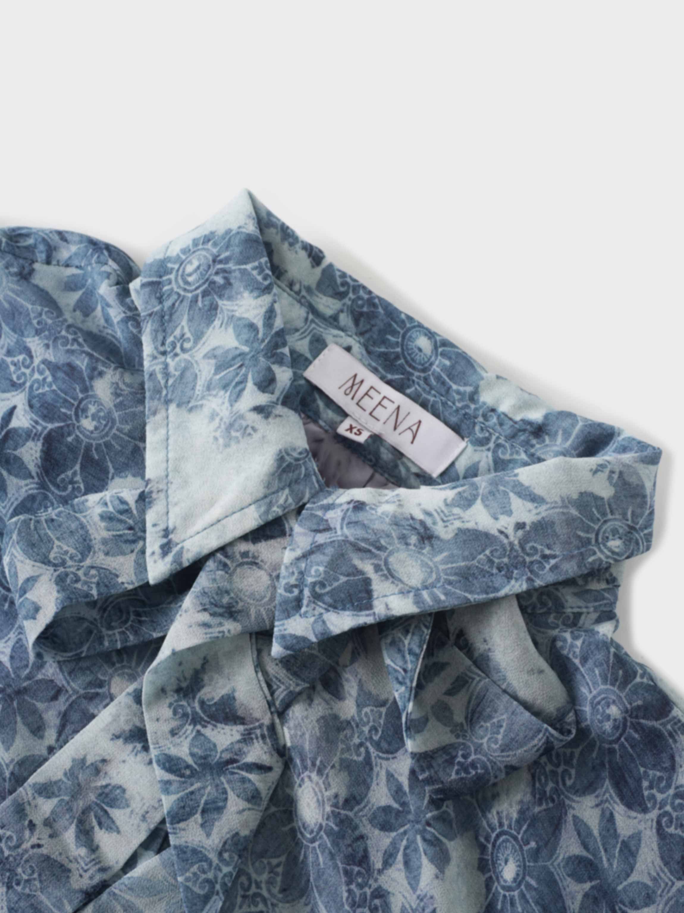 Button Down Bow Blouse-Soft Blue Floral