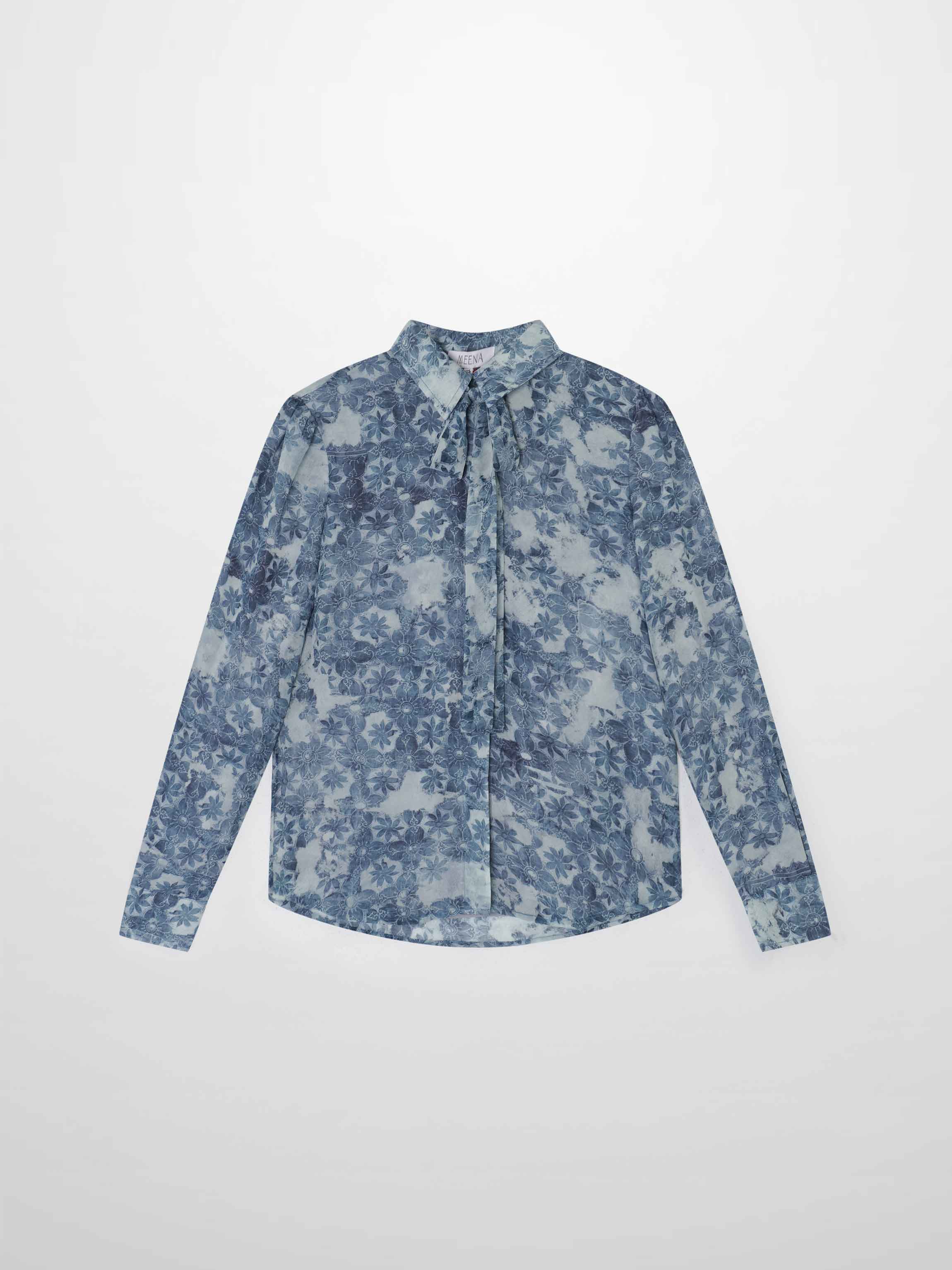 Button Down Bow Blouse-Soft Blue Floral