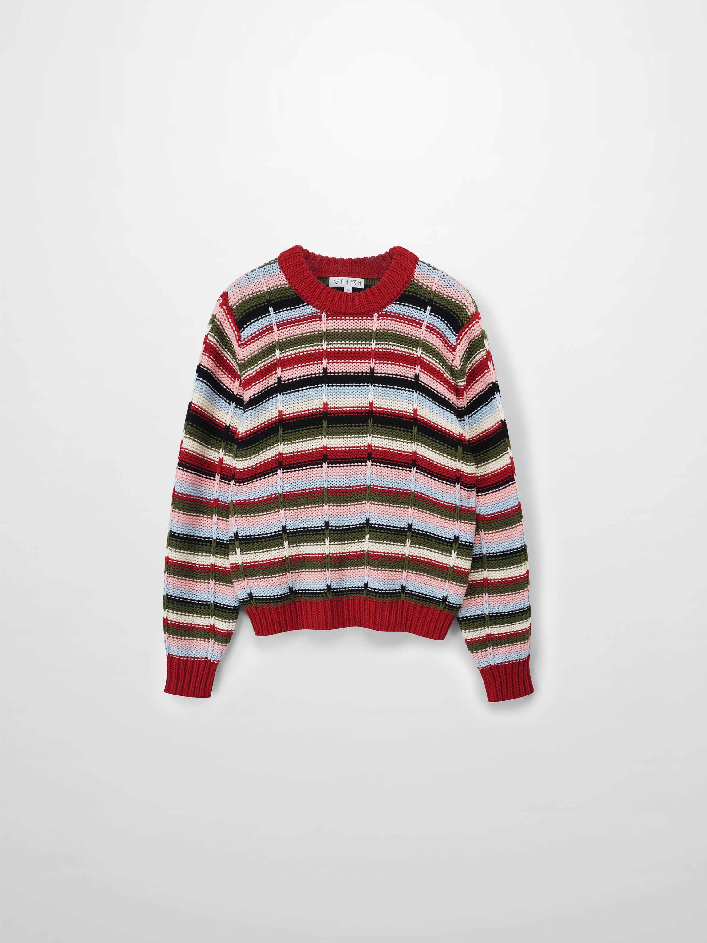 Overstitch Detail Striped Sweater-Burgundy