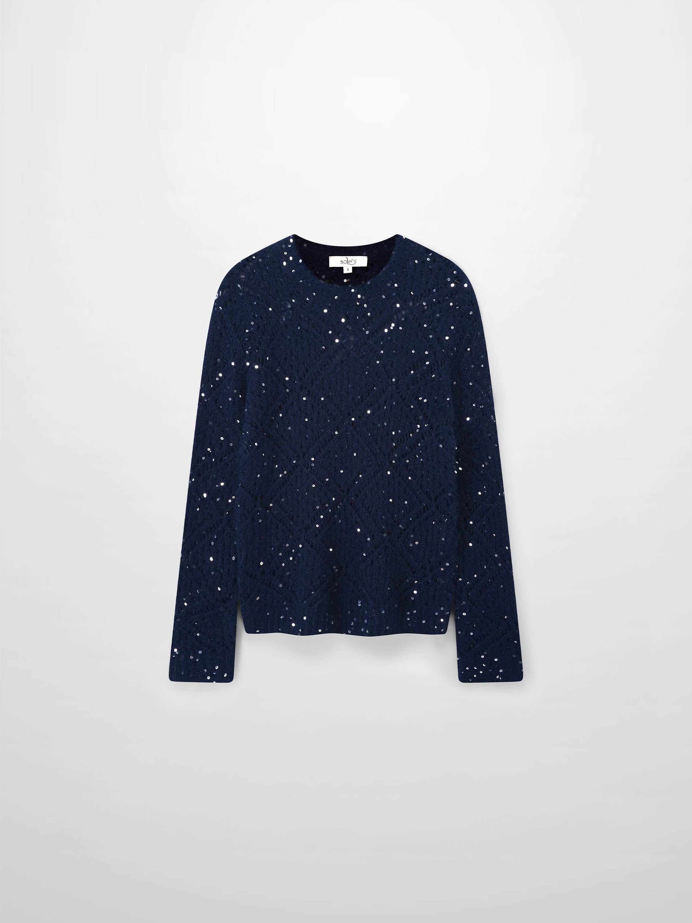 Open Crochet Knit Sequin Sweater-Navy