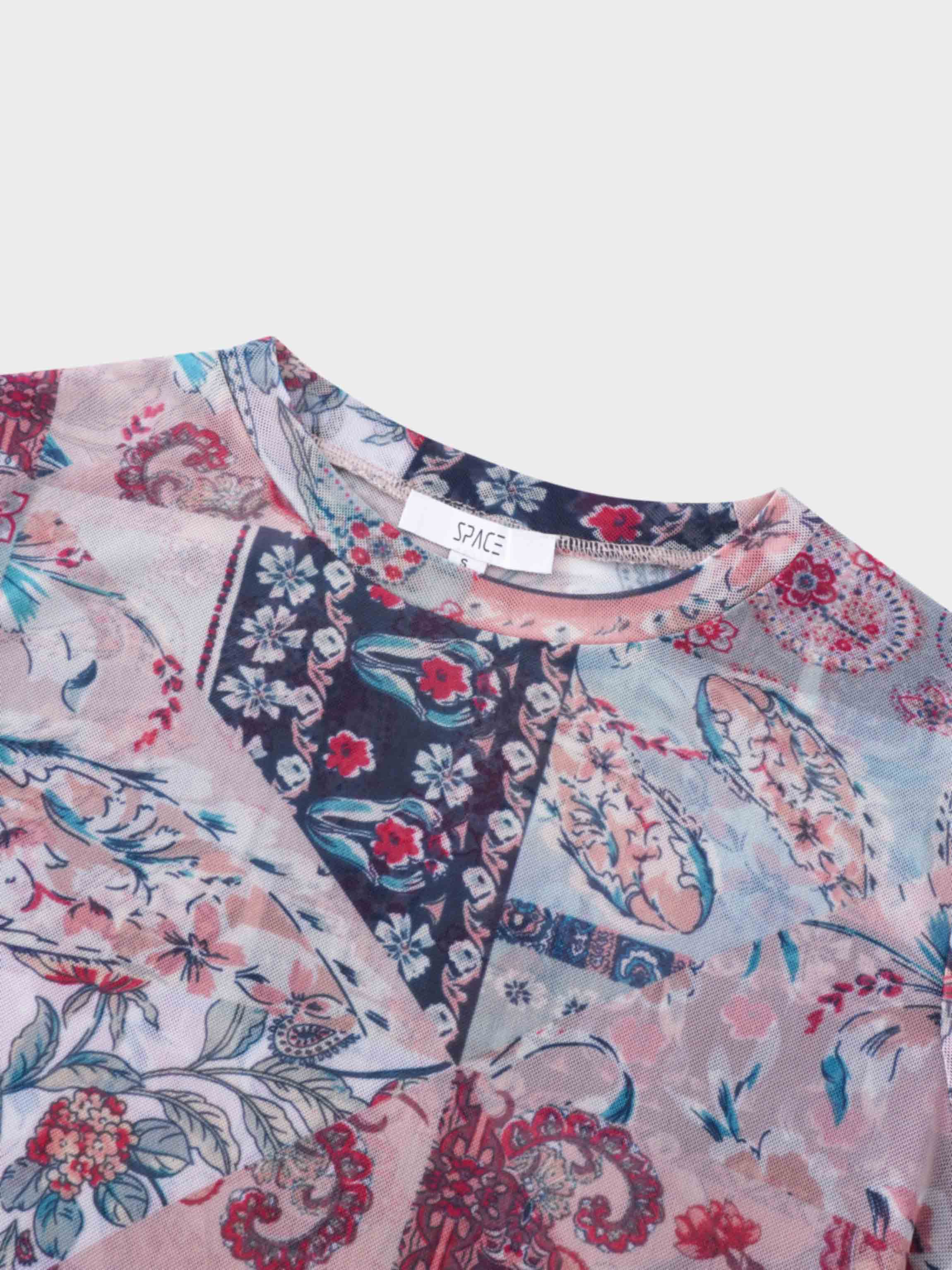Printed Mesh Crew Neck Top-Vintage Floral