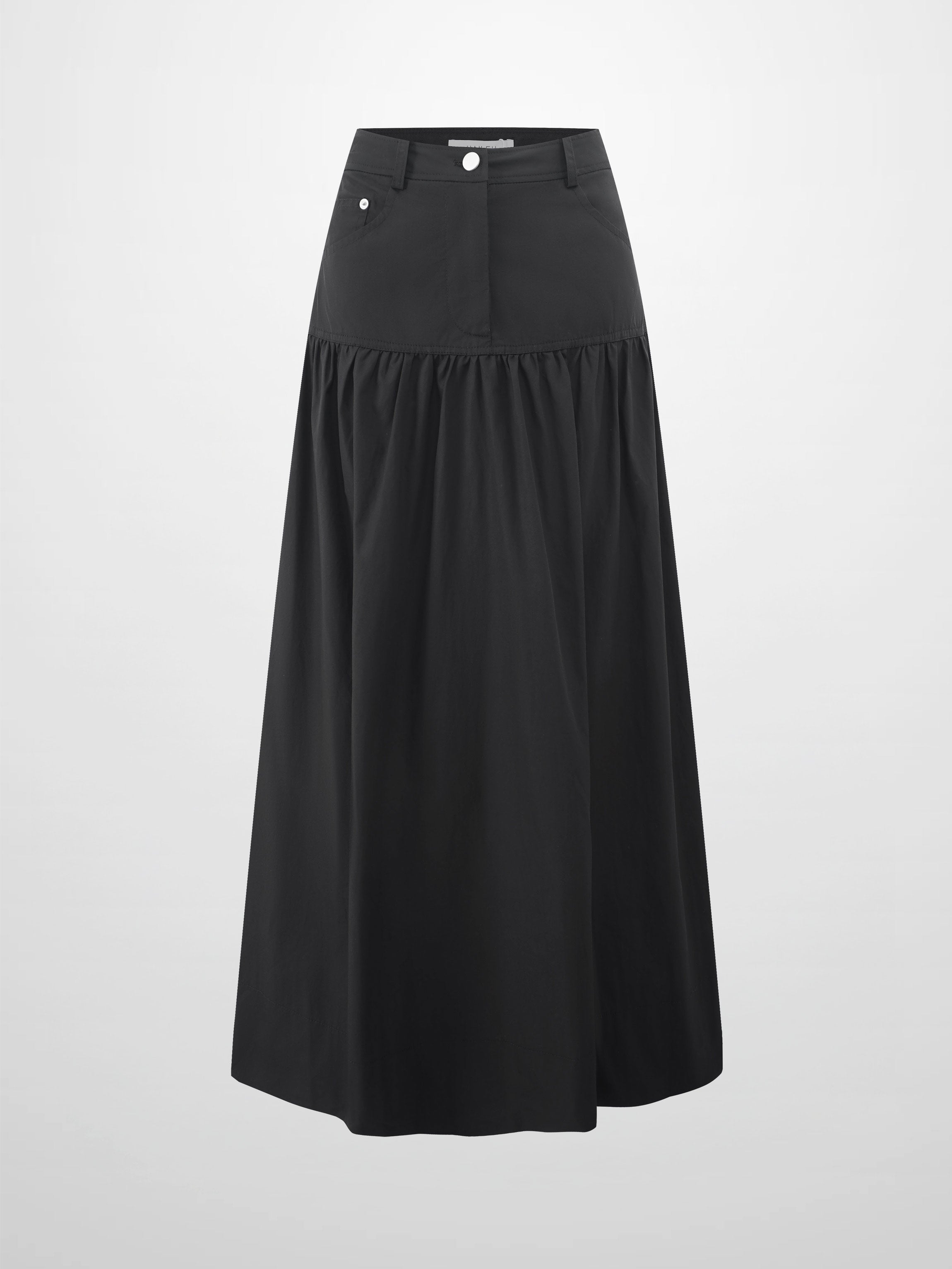 Gathered Drop Waist Yoke Skirt-Black