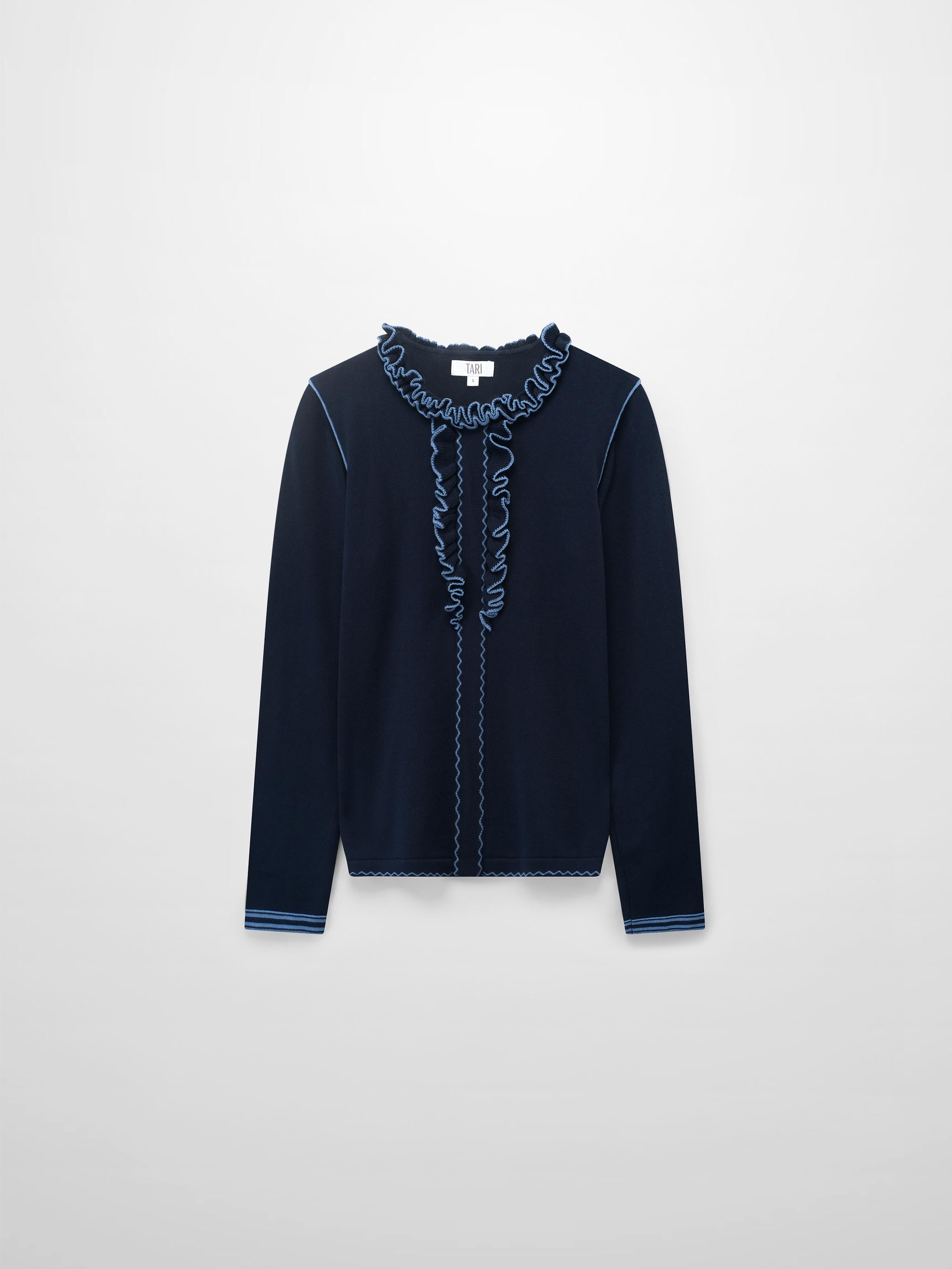 Ruffle Detail Sweater-Navy/Light Blue