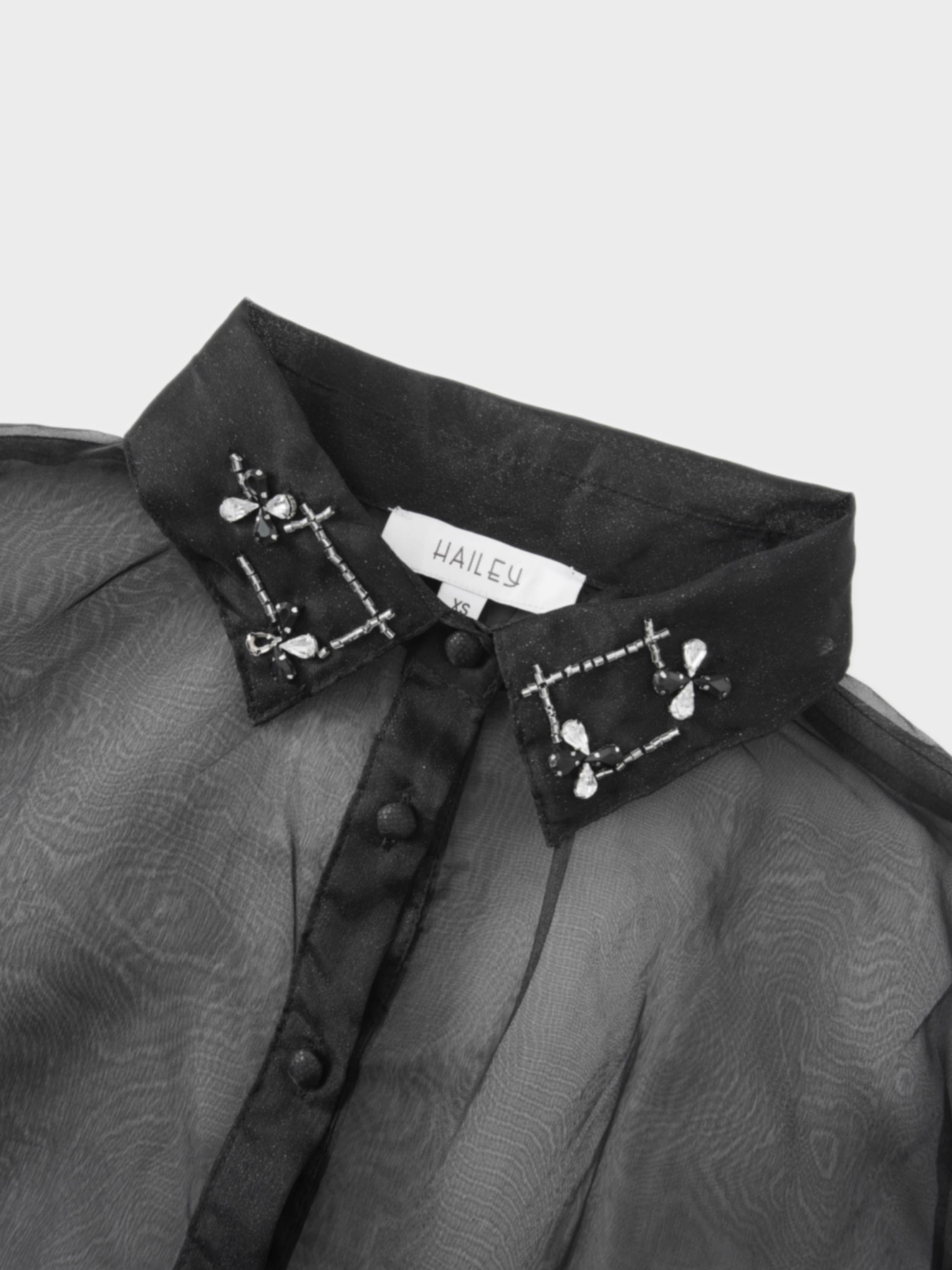 Organza Beaded Collar Blouse-Black