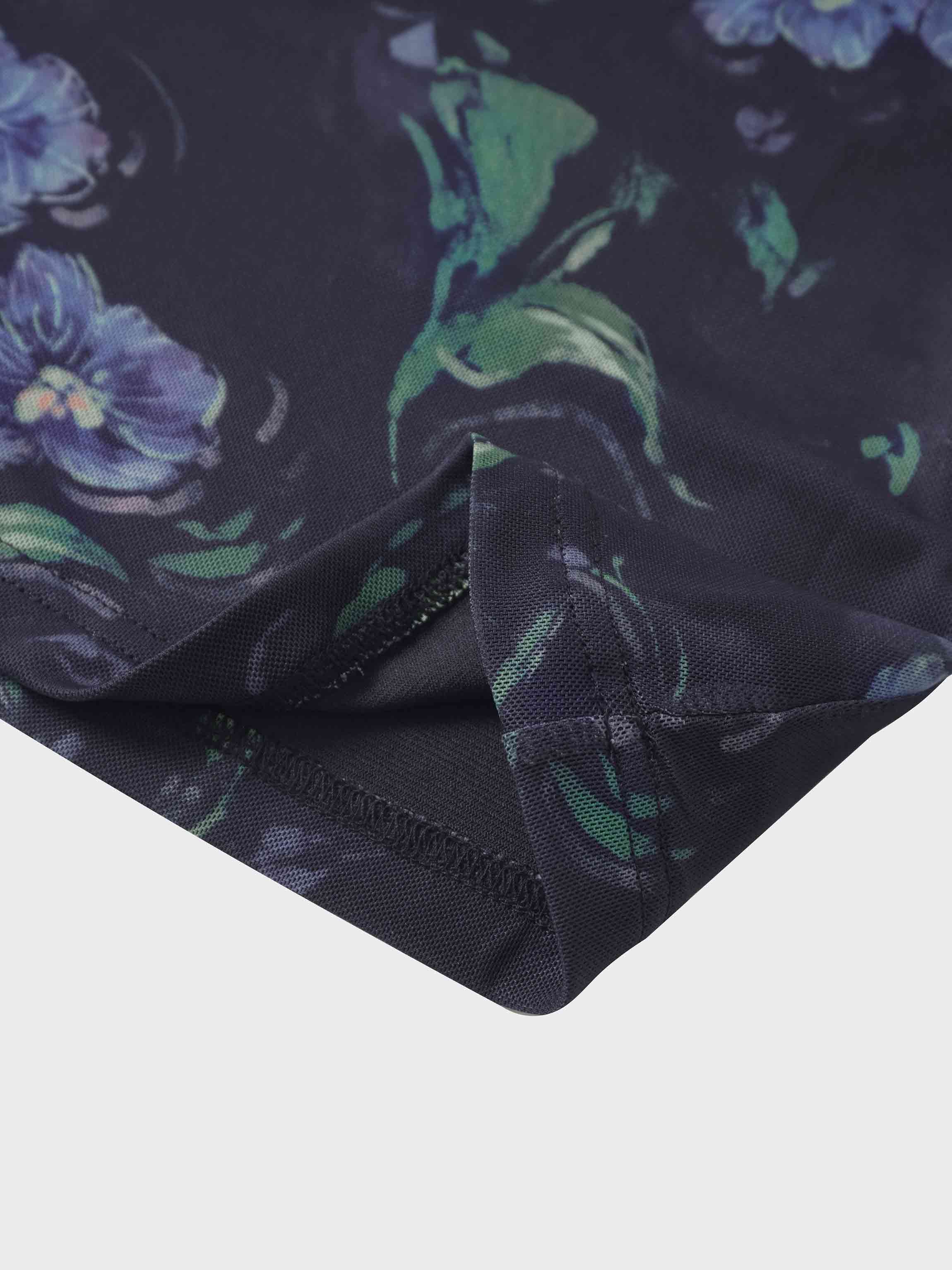 Mesh Crew Neck Print Top-Blue Floral