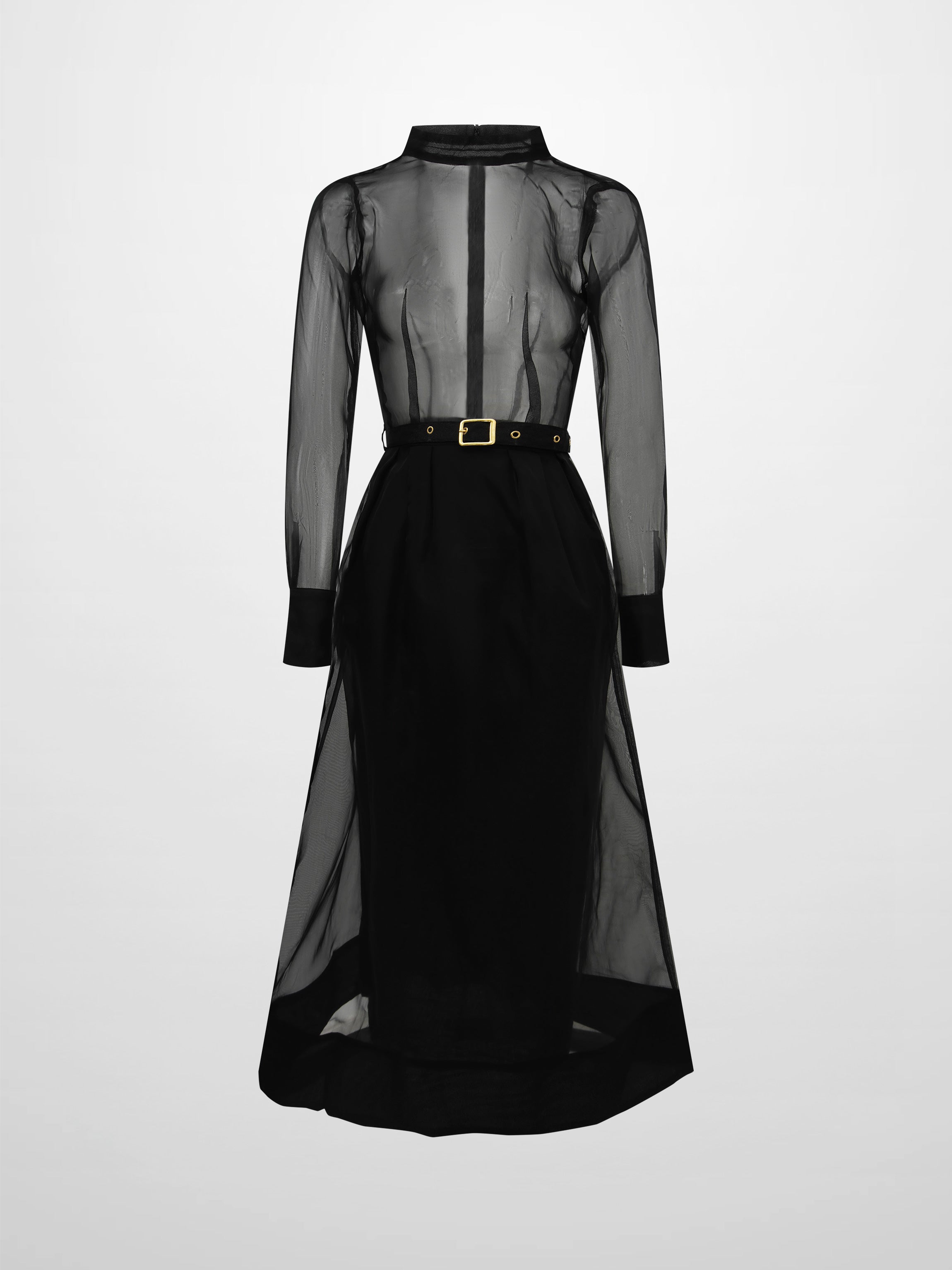 Organza Belted Shirtdress-Black