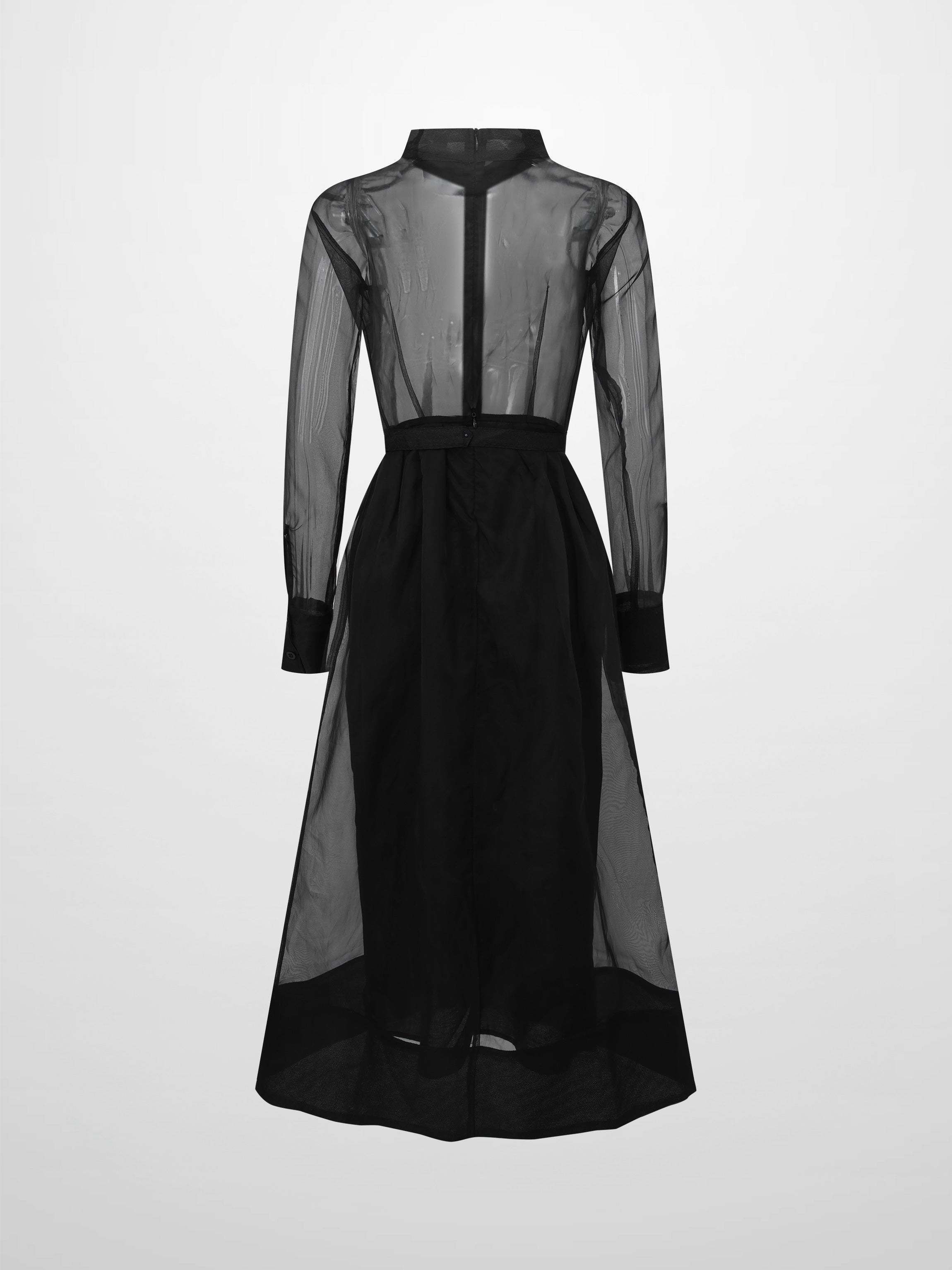 Organza Belted Shirtdress-Black