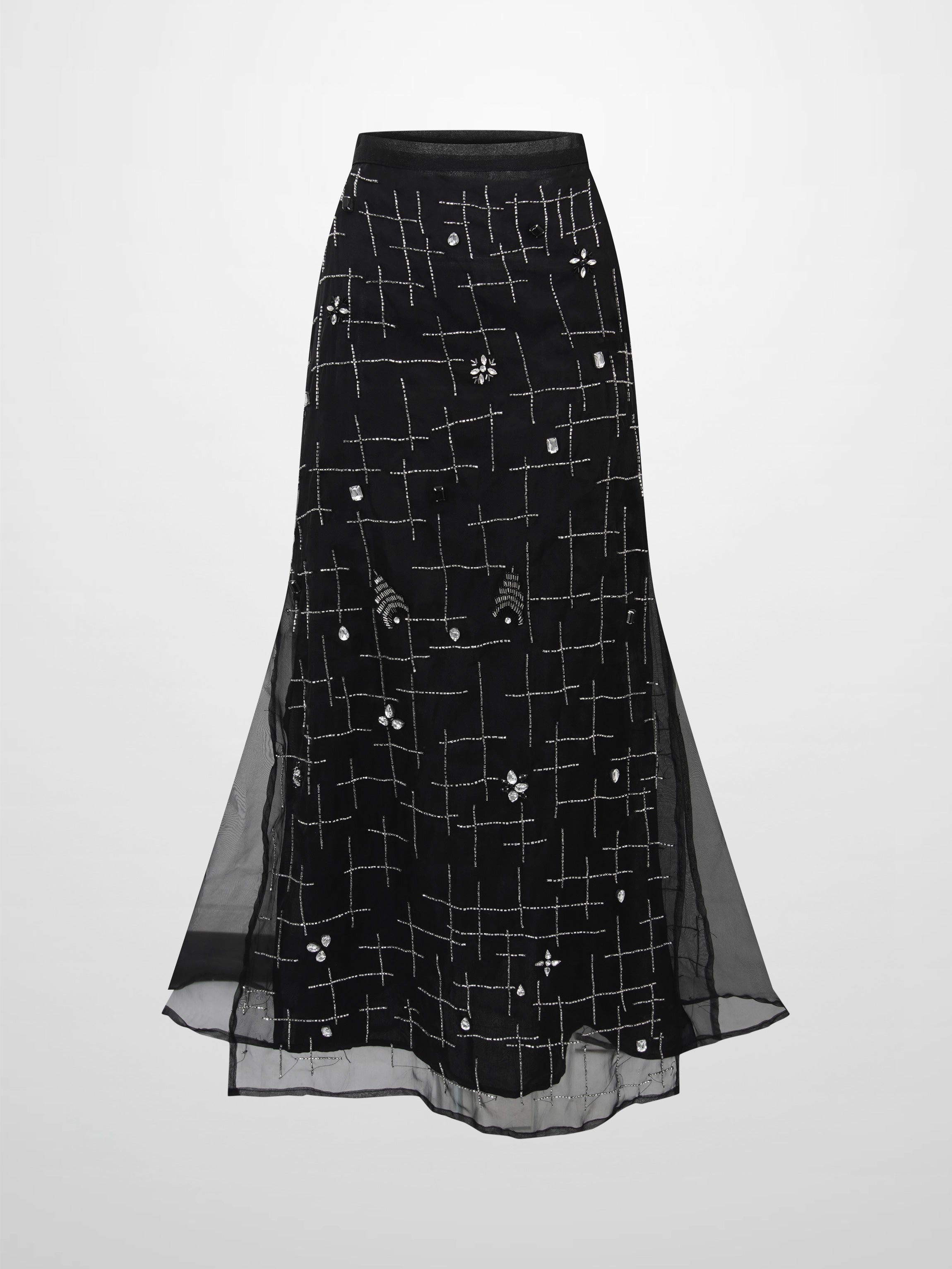 Organza Beaded Maxi Skirt-Black