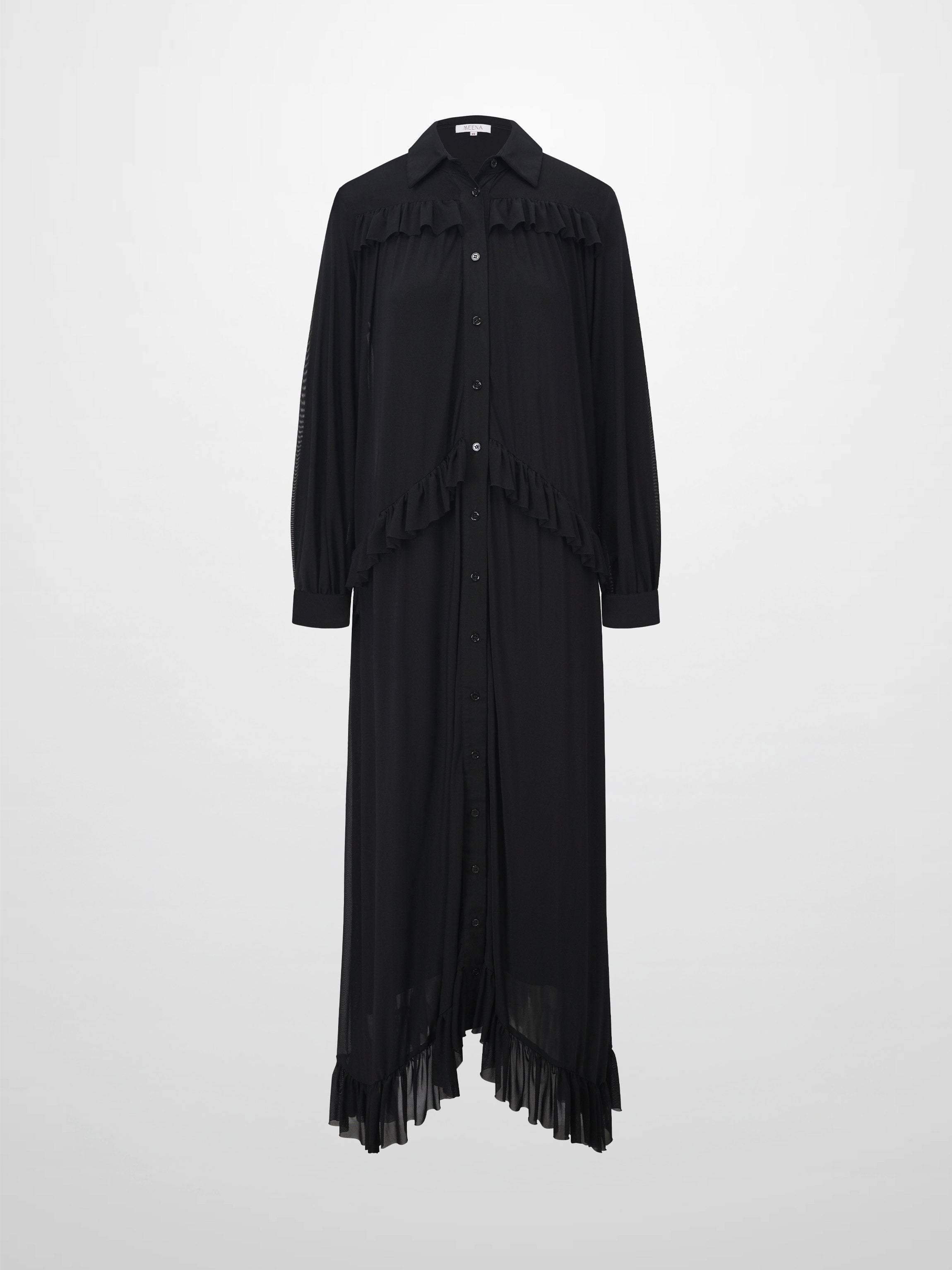 Mesh Ruffle Maxi Dress-Black