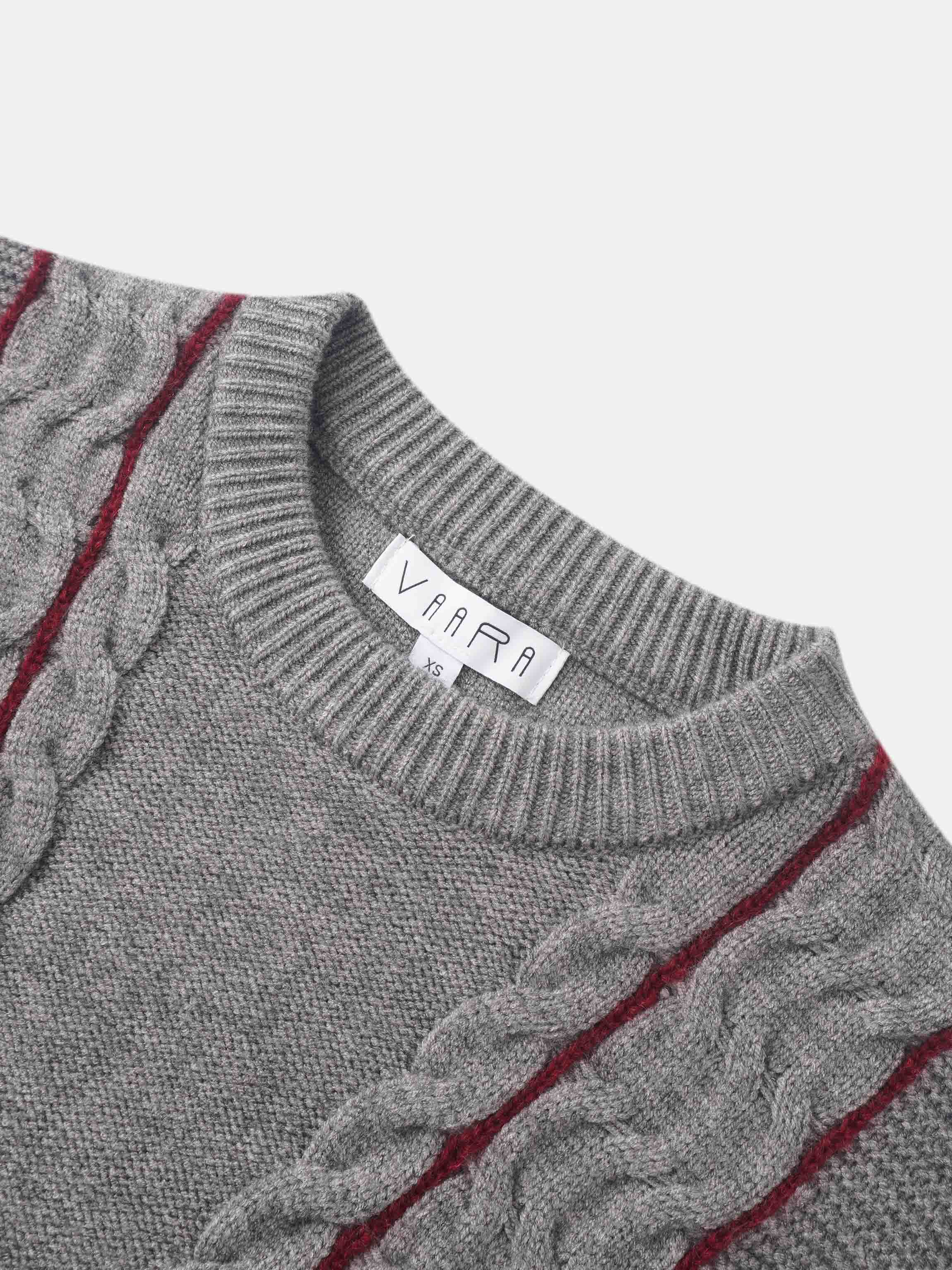 Mix Cable Striped Sweater - Grey/Burgundy