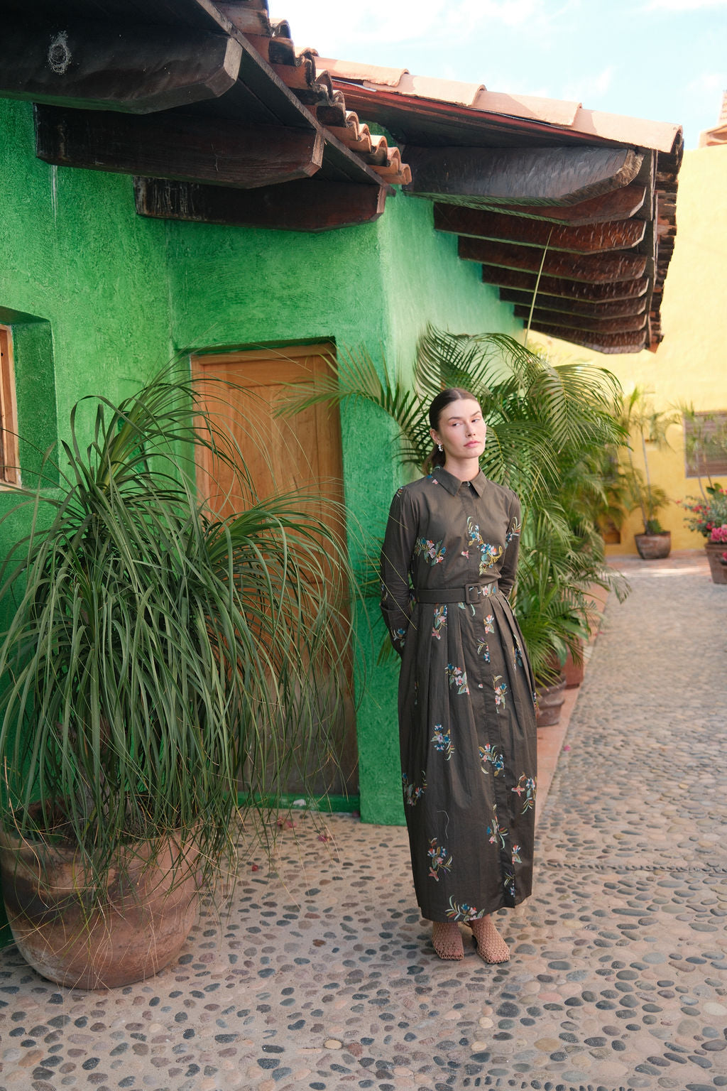 Belted Pleated Bottom Shirtdress-Beaded Floral