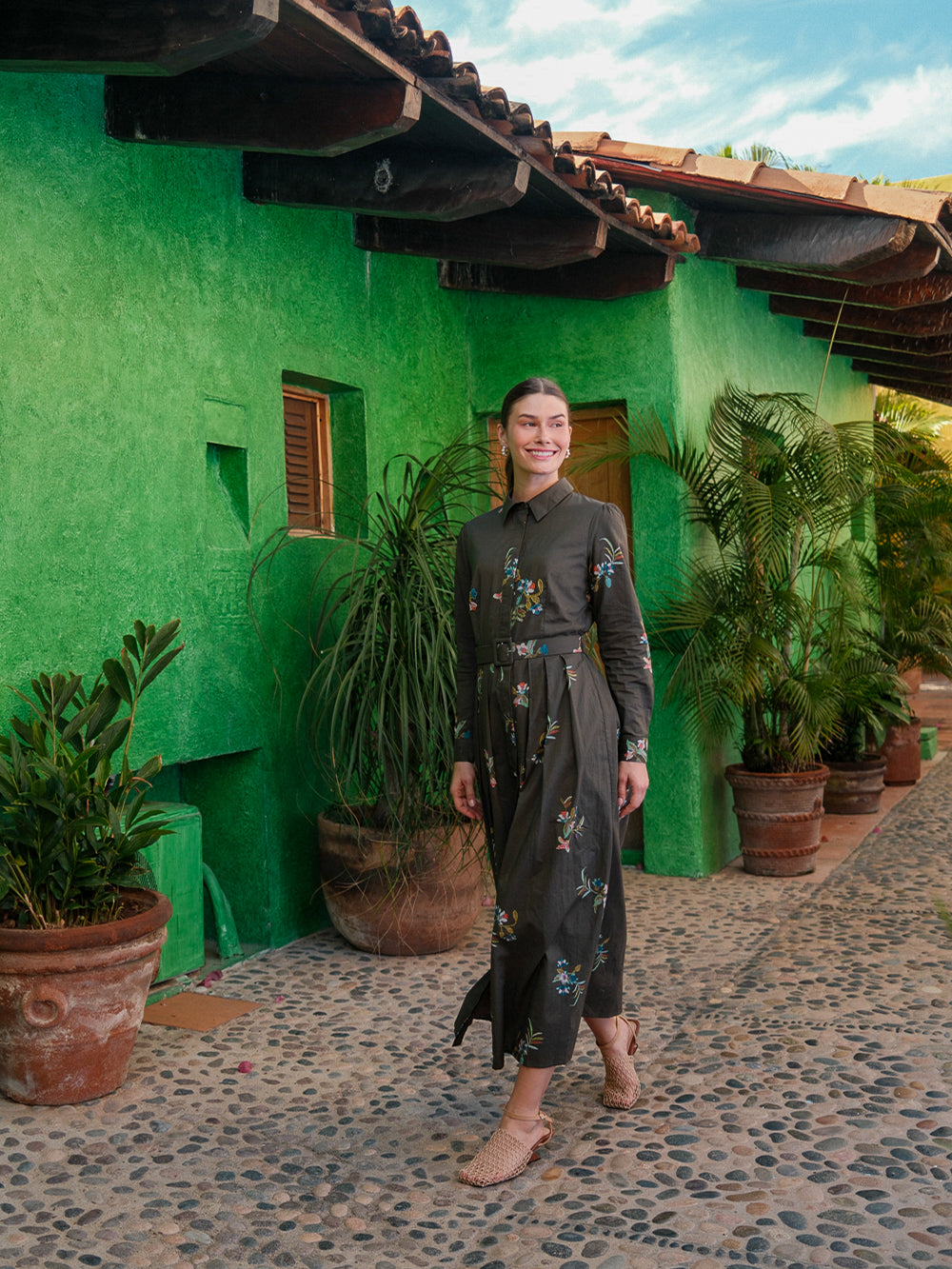 Belted Pleated Bottom Shirtdress-Beaded Floral