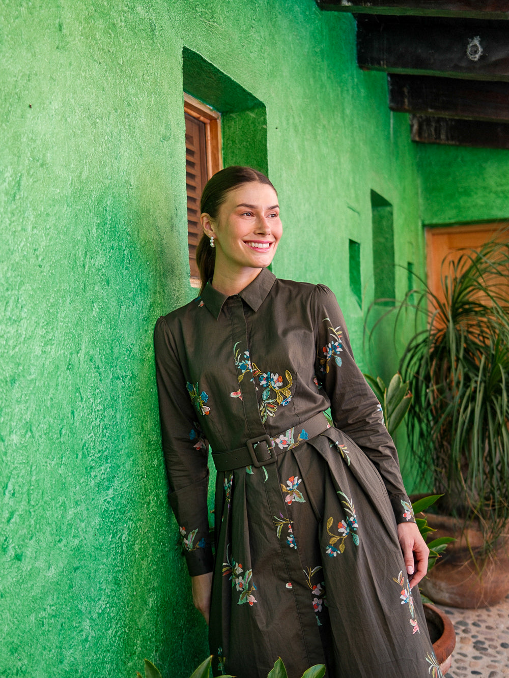 Belted Pleated Bottom Shirtdress-Beaded Floral