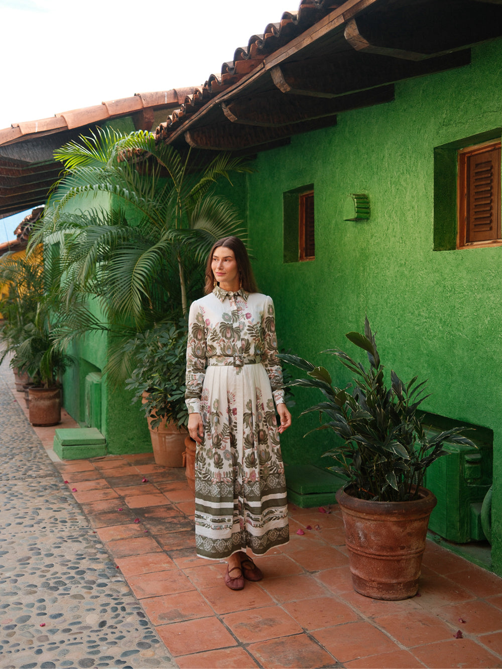 Belted Pleated Bottom Shirtdress-Floral Design