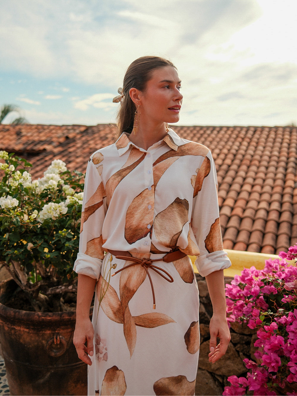Printed Linen Blend Blouse-Brown Floral