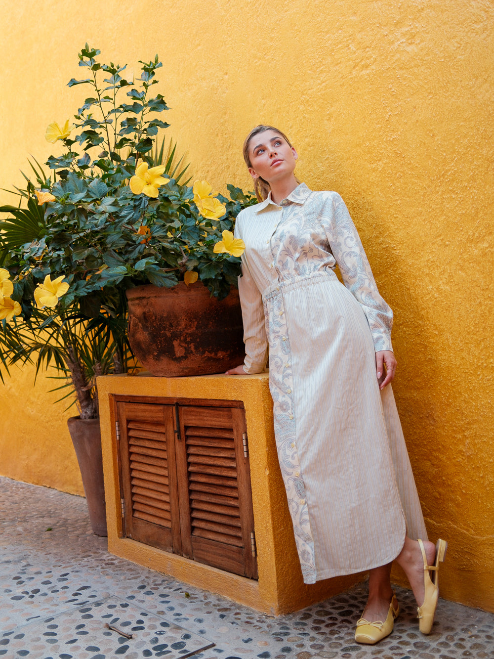 Elastic Waist Shirtdress-Mixed Floral and Stripe