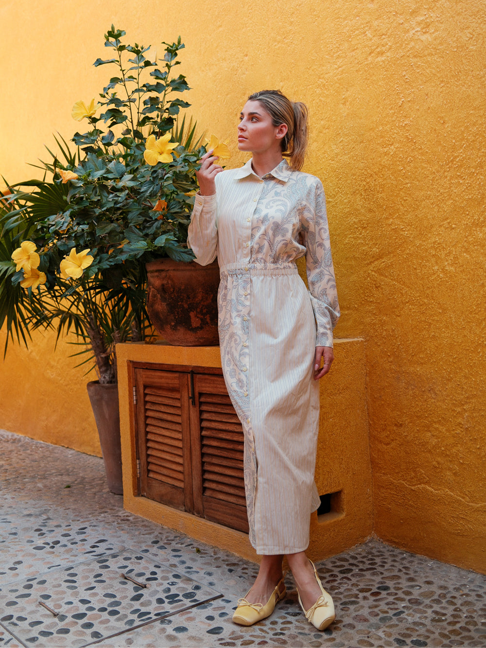 Elastic Waist Shirtdress-Mixed Floral and Stripe