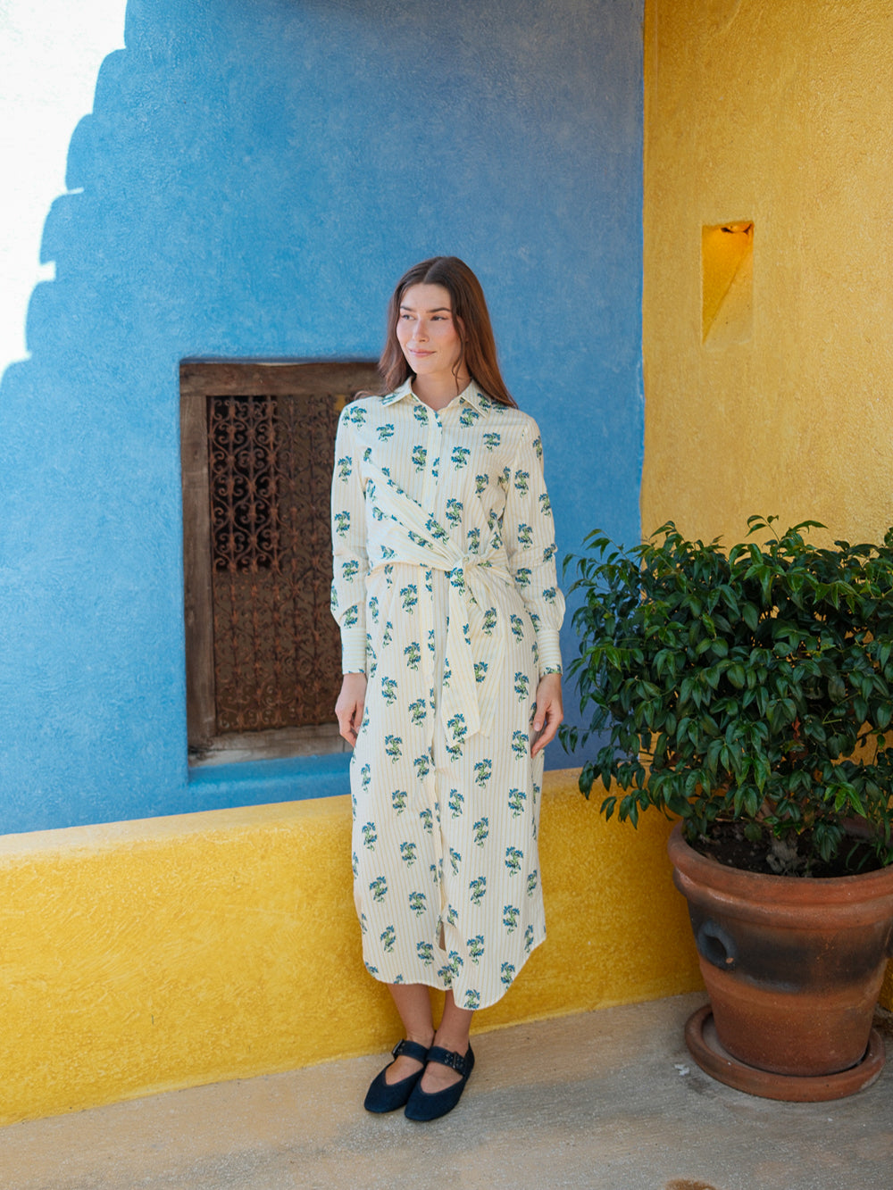 Side Tie Shirtdress-Floral Stripe