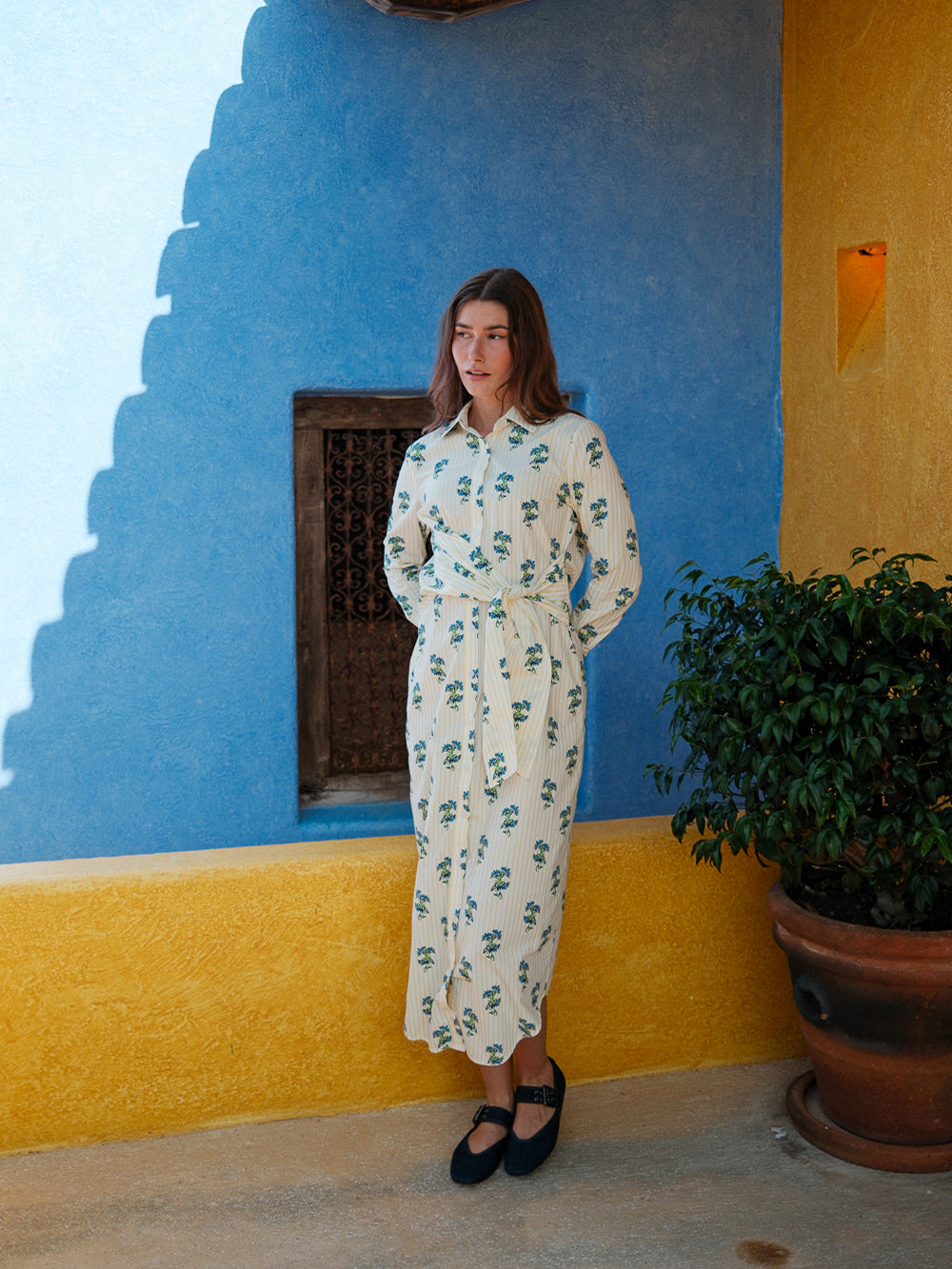 Side Tie Shirtdress-Floral Stripe