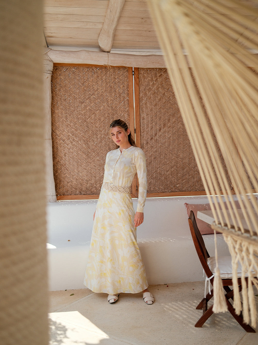 Printed Crinkle Slip Skirt-Yellow Floral